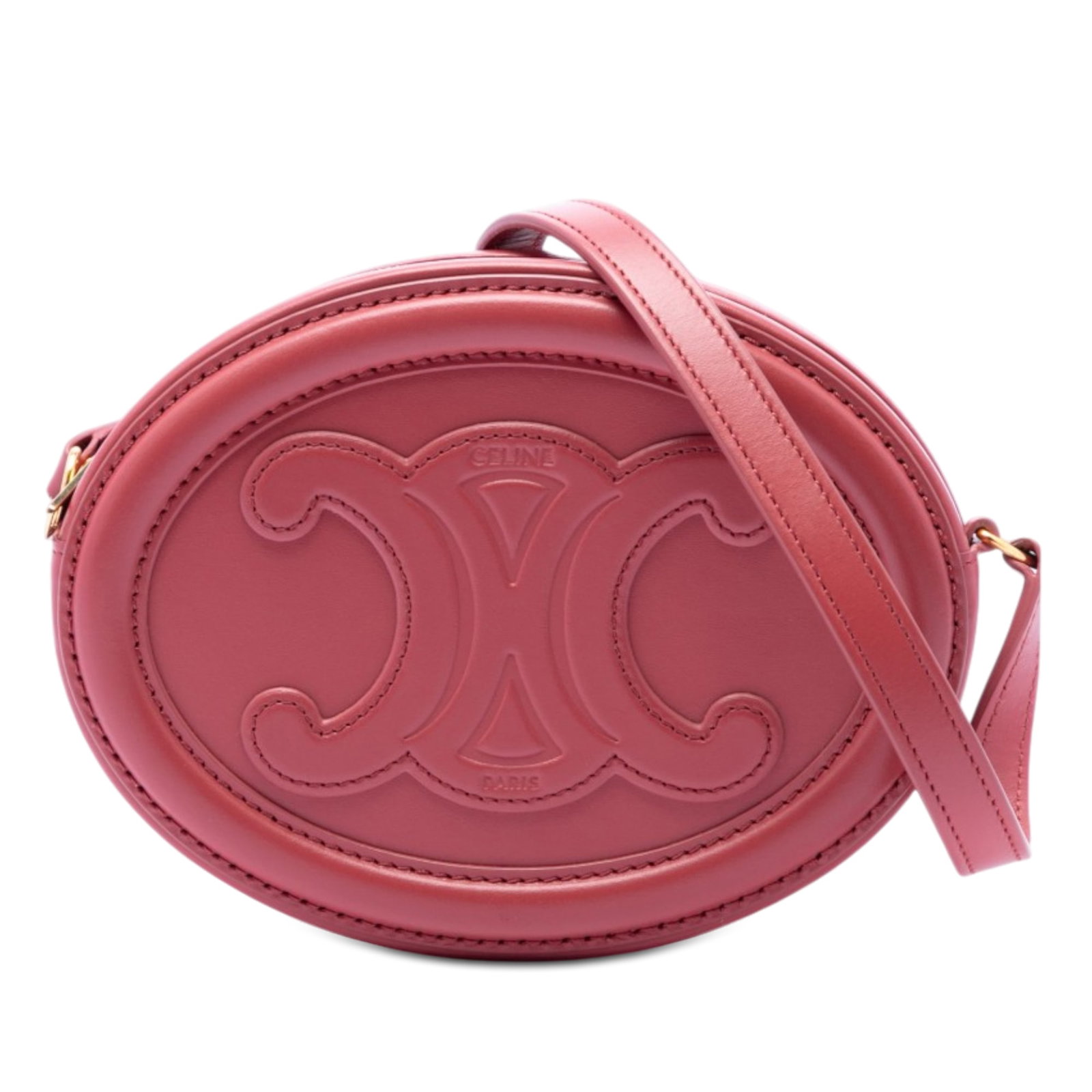Celine Triomphe Oval Crossbody Small Calfskin Leather Bag: Celine Triomphe Oval Crossbody Small Calfskin Leather Bag This Celine Small Calfskin Cuir Triomphe Oval Crossbody features an embossed leather body in red, a flat leather shoulder strap, and a top zip