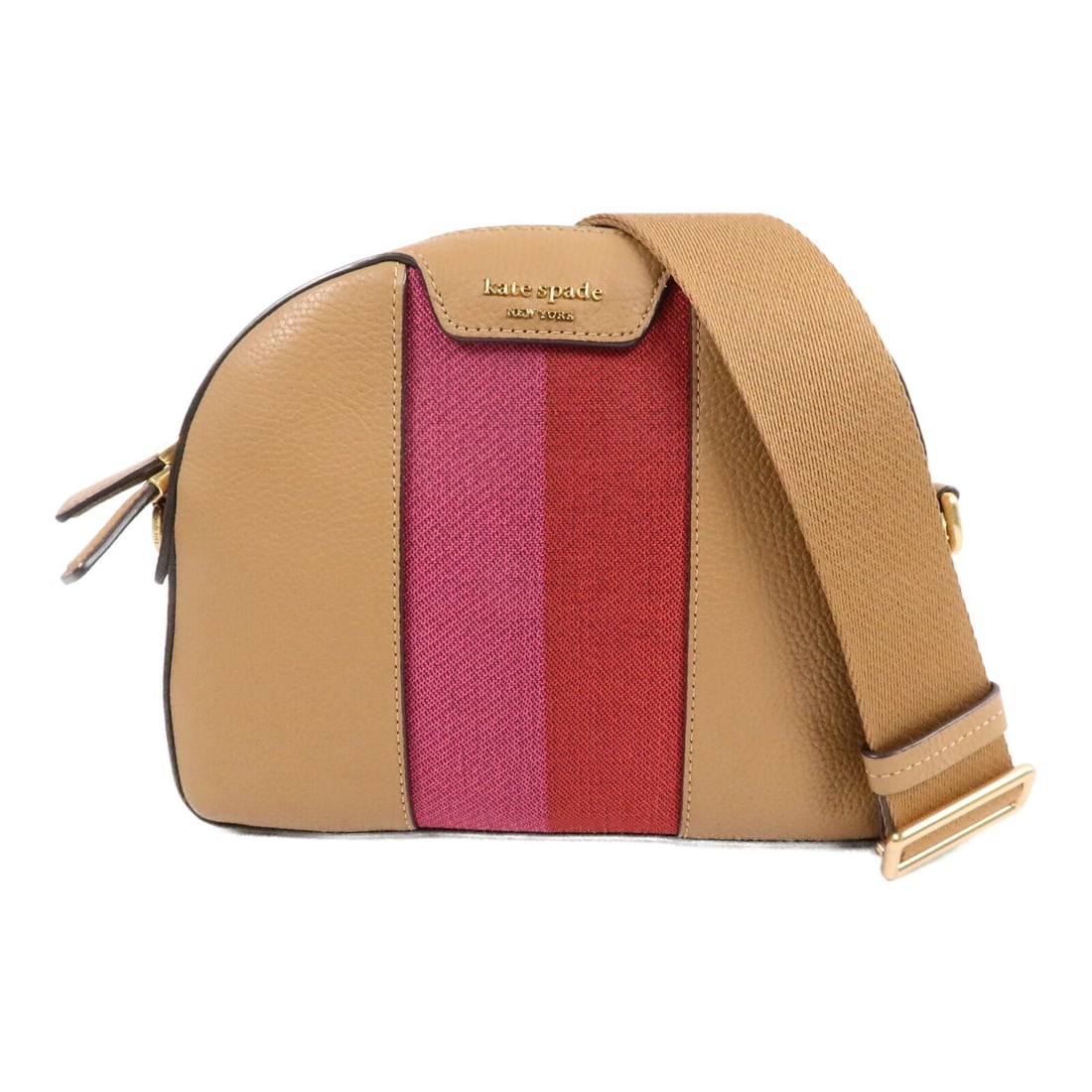 Kate Spade Addy K9040 Medium Dome Shoulder Bag Leather Jacquard Brown: Kate Spade Addy K9040 Medium Dome Shoulder Bag Leather Jacquard Brown A Kate Spade medium dome shoulder bag in brown, pink, and red with a racing stripe design. It is made from leather and jacquard an