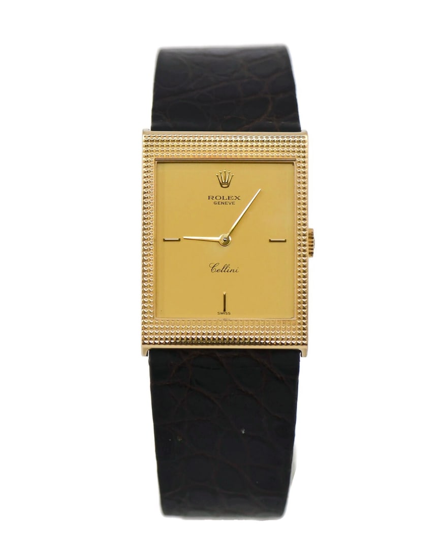 Rolex Cellini Ref 4127 18K Yellow Gold Manual Wristwatch with Box: Rolex Cellini Ref 4127 18K Yellow Gold Manual Wristwatch with Box Rolex Cellini men's wristwatch in 18K yellow gold with a gold dial and leather band. It features a mechanical manual movement, analog 