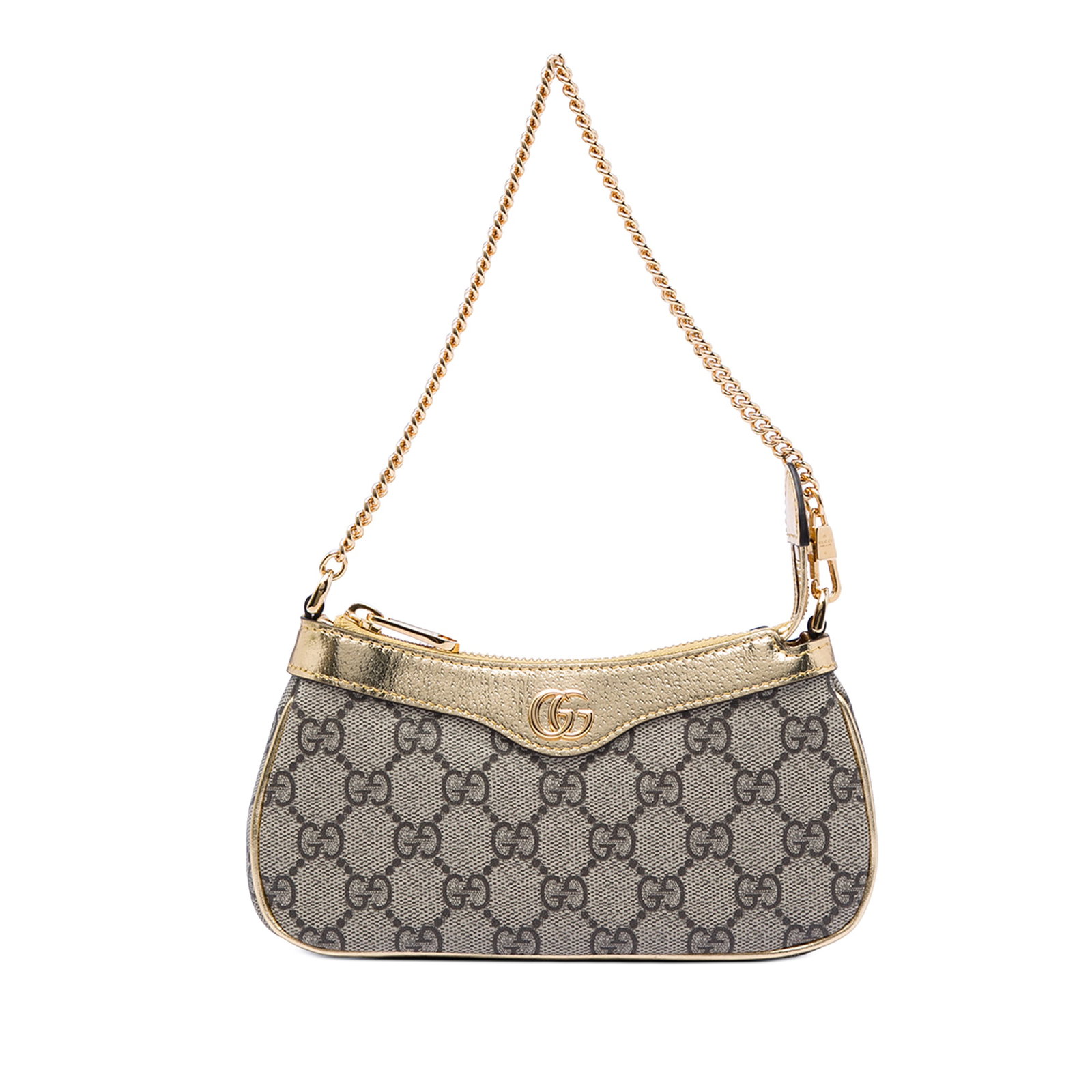 Gucci Ophidia Mini Shoulder Bag in GG Supreme Canvas: Gucci Ophidia Mini Shoulder Bag in GG Supreme Canvas Gucci Mini GG Supreme Ophidia shoulder bag in beige, featuring a coated canvas body with leather trim, a gold-tone chain strap, a top zip closure, 