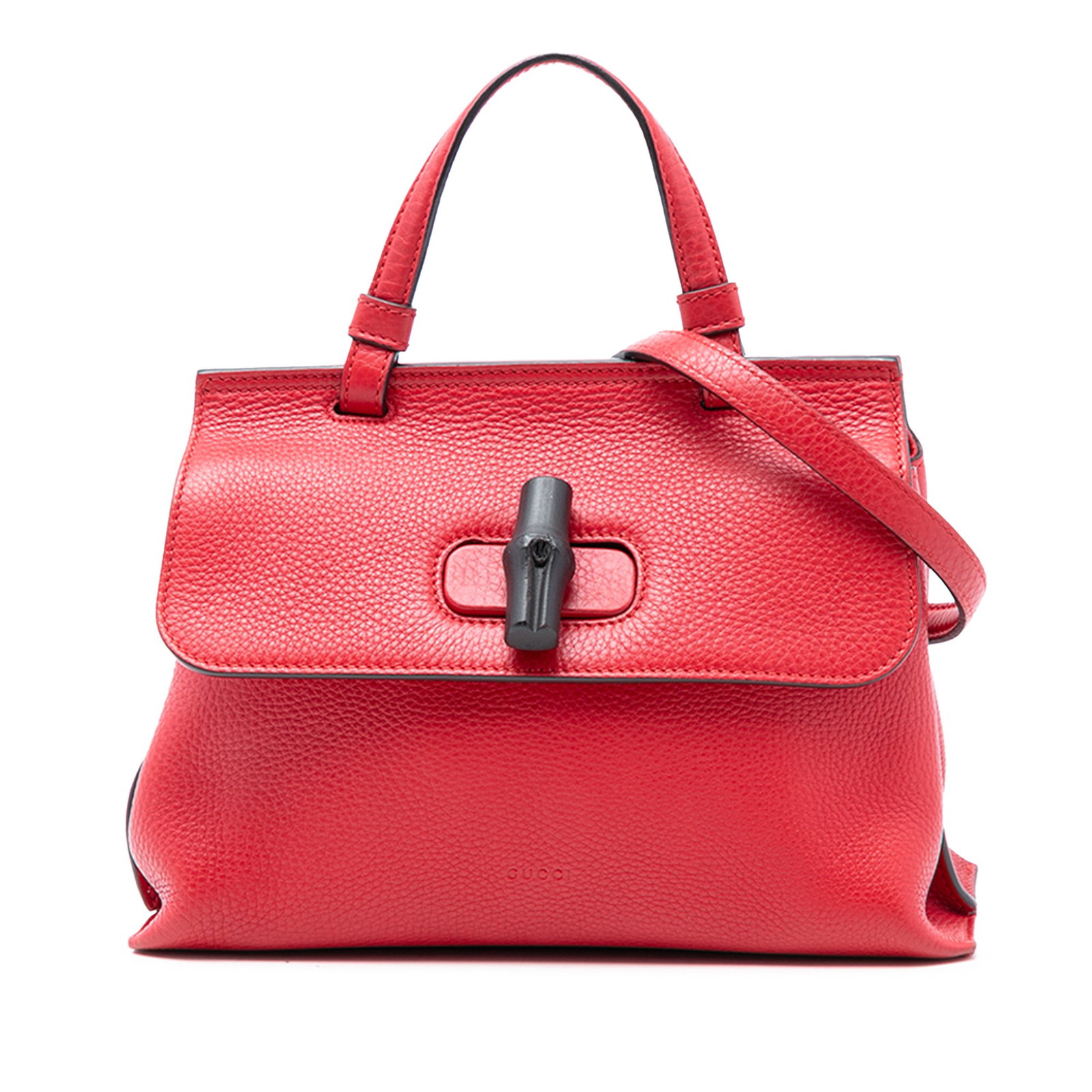 Gucci Red Leather Bamboo Twist Lock Satchel: Gucci Red Leather Bamboo Twist Lock Satchel This Gucci Small Leather Bamboo Daily Satchel features a red leather body with a flat top handle and a detachable flat strap. The bag is designed with a fro