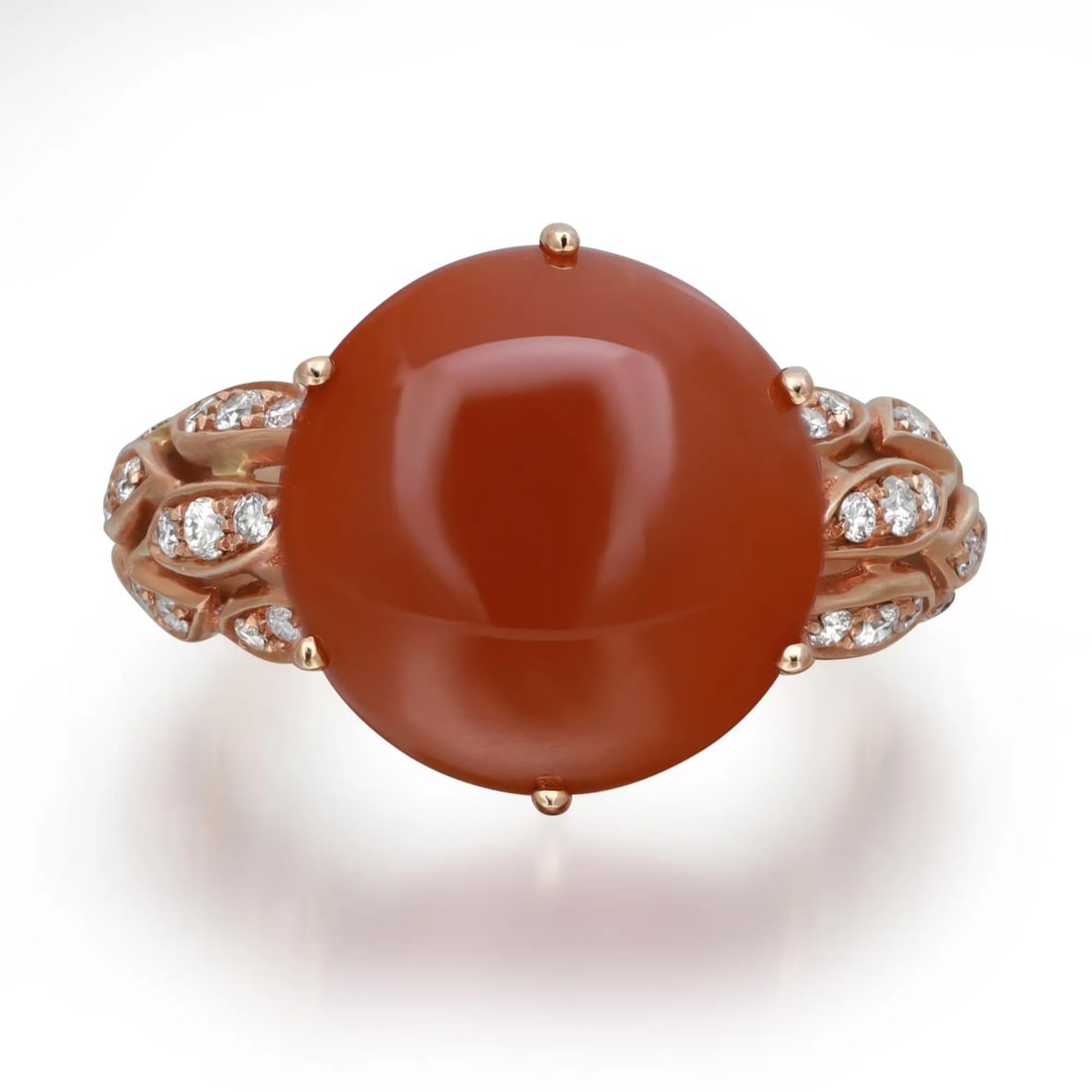 Luca Carati 18k Rose Gold Red Agate Diamond Ring 0.34ct Size 7.75: Luca Carati 18k Rose Gold Red Agate Diamond Ring 0.34ct Size 7.75 This stunning cocktail ring features a cabochon center made from natural red Agate, beautifully complemented by pave set diamonds. Cra