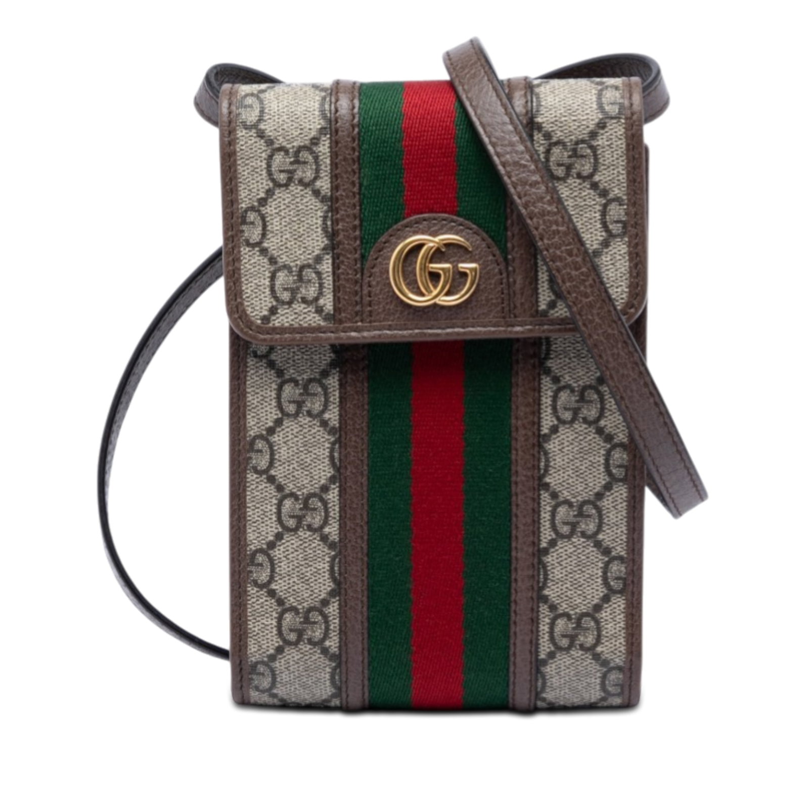 Gucci Ophidia Mini Crossbody Bag in GG Supreme Web Canvas: Gucci Ophidia Mini Crossbody Bag in GG Supreme Web Canvas Gucci Ophidia crossbody bag crafted with a coated canvas body and leather trim. This mini bag features a flat leather strap, a flap button clo