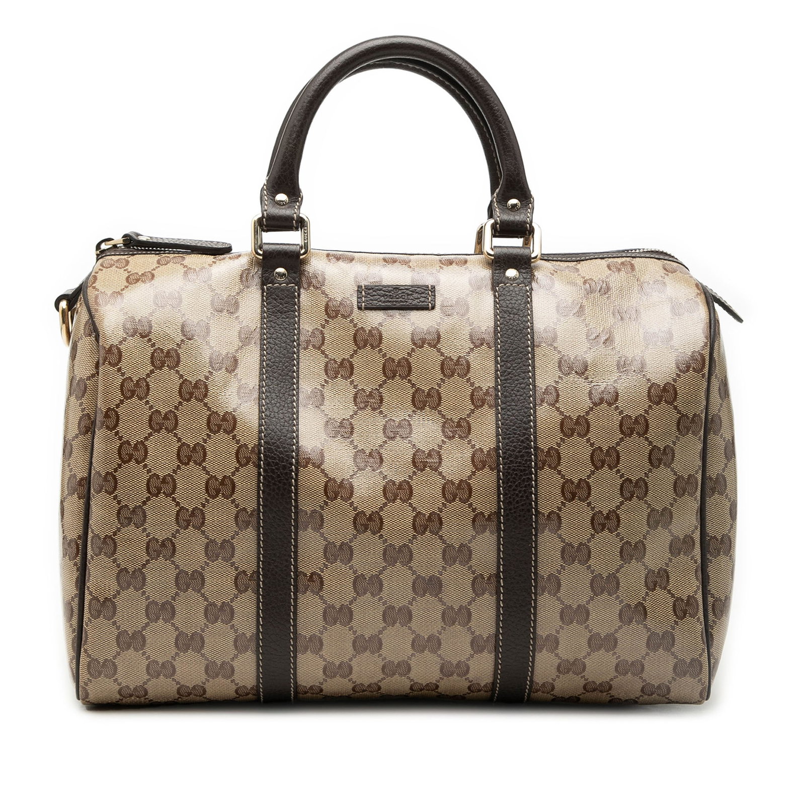 Gucci GG Crystal Joy beige coated canvas boston bag: Gucci GG Crystal Joy beige coated canvas boston bag This Gucci Medium GG Crystal Joy Boston Bag features a coated canvas body with leather trim, rolled leather handles, a top zip closure, and an inter