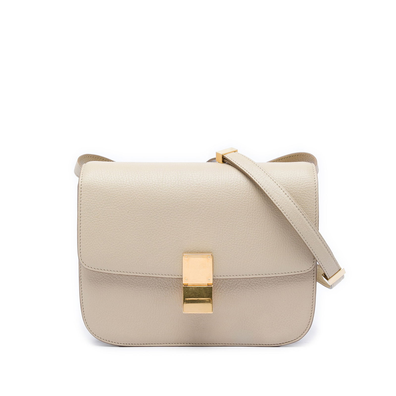 Celine Classic Box Medium Beige Goatskin Crossbody Bag: Celine Classic Box Medium Beige Goatskin Crossbody Bag This Celine Medium Goatskin Classic Box is a crossbody bag crafted in goatskin leather with a flat leather strap, a front flap with a metal clasp
