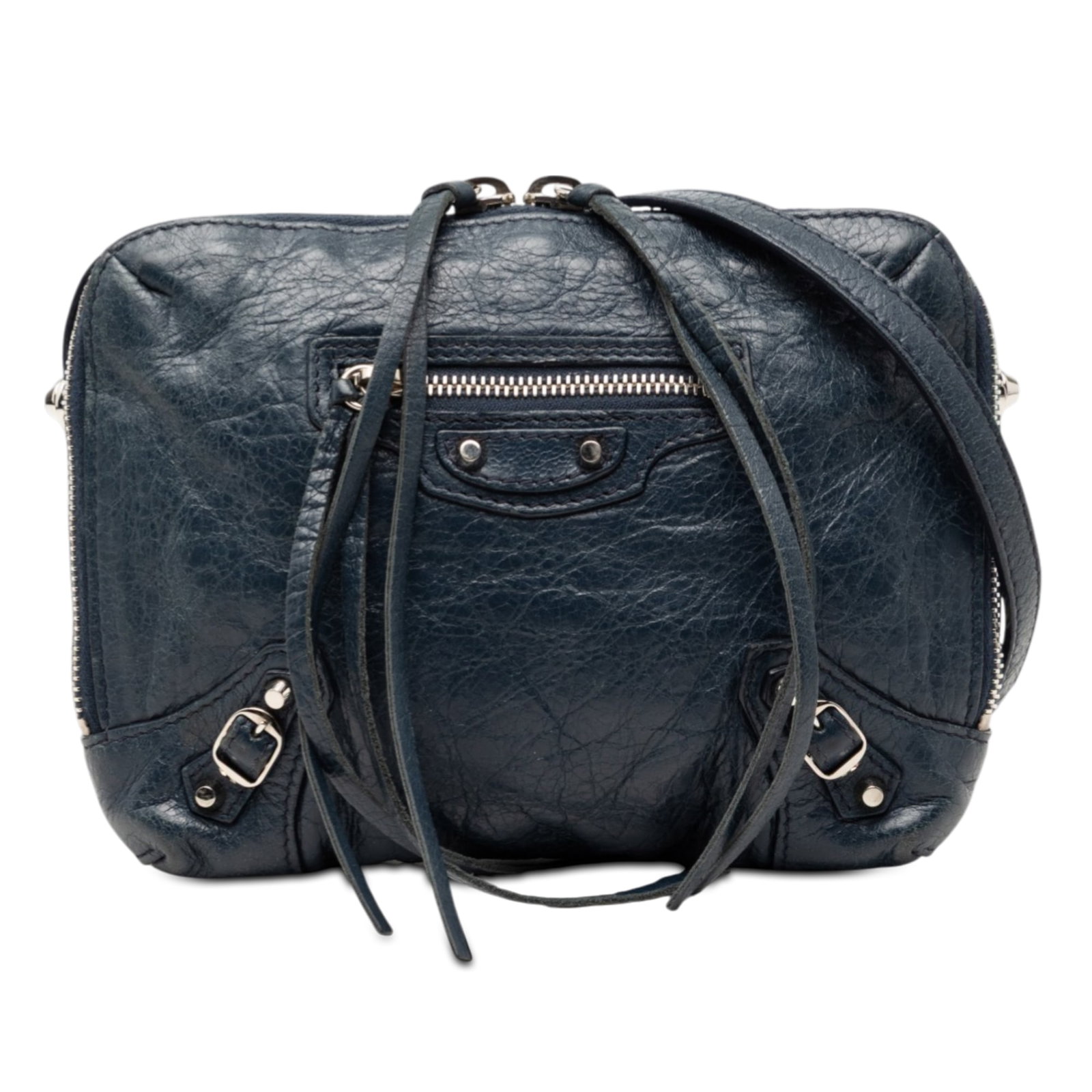 Balenciaga Classic Reporter XS Lambskin Leather Crossbody Bag Blue: Balenciaga Classic Reporter XS Lambskin Leather Crossbody Bag Blue This Balenciaga Classic Reporter XS crossbody bag is crafted from blue lambskin leather and features a flat leather strap, dual top z
