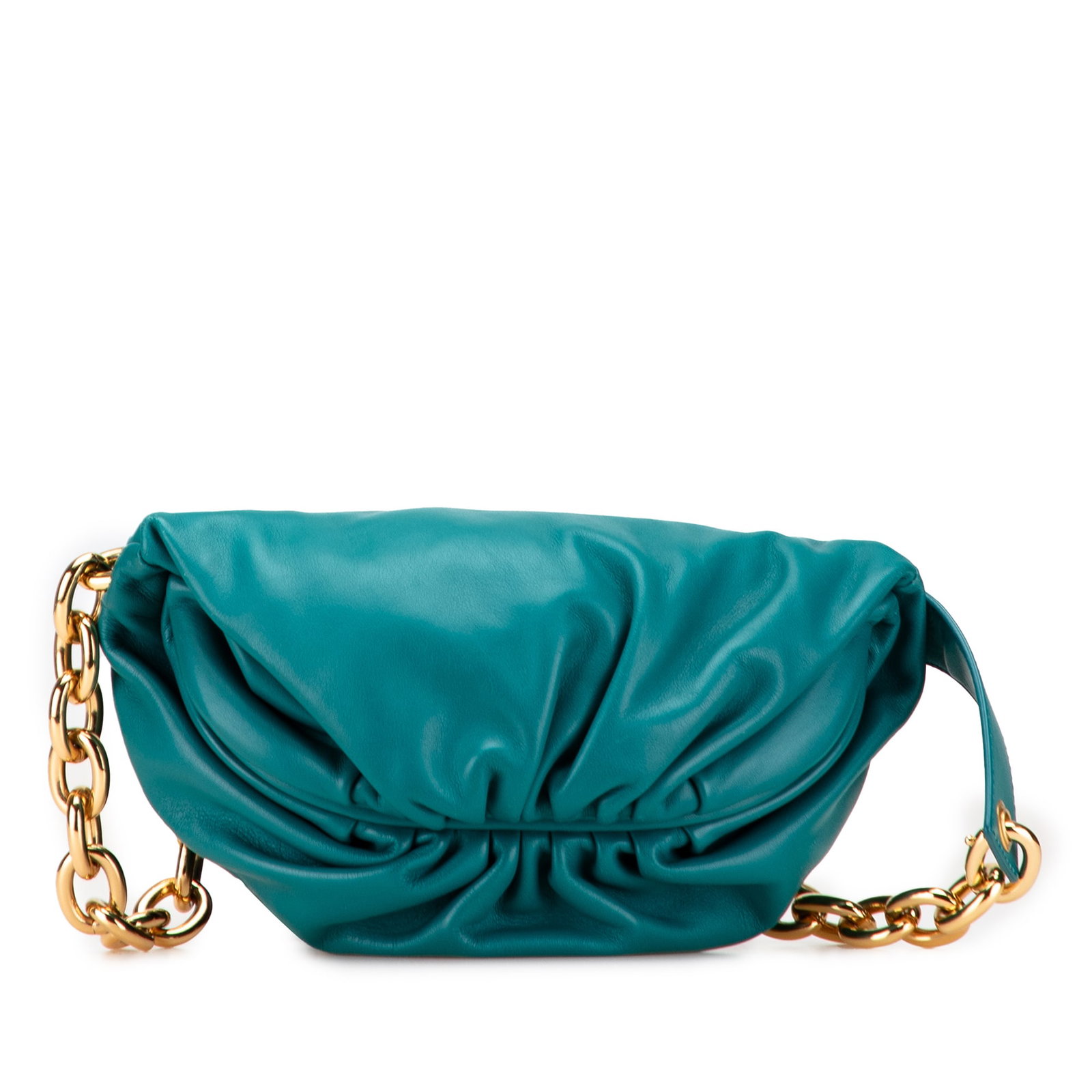 Bottega Veneta Blue Lambskin Belt Chain Pouch with Gold Tone Chain: Bottega Veneta Blue Lambskin Belt Chain Pouch with Gold Tone Chain Introducing the Bottega Veneta Lambskin Belt Chain Pouch, an elegant accessory crafted from luxurious lambskin leather in a striking 
