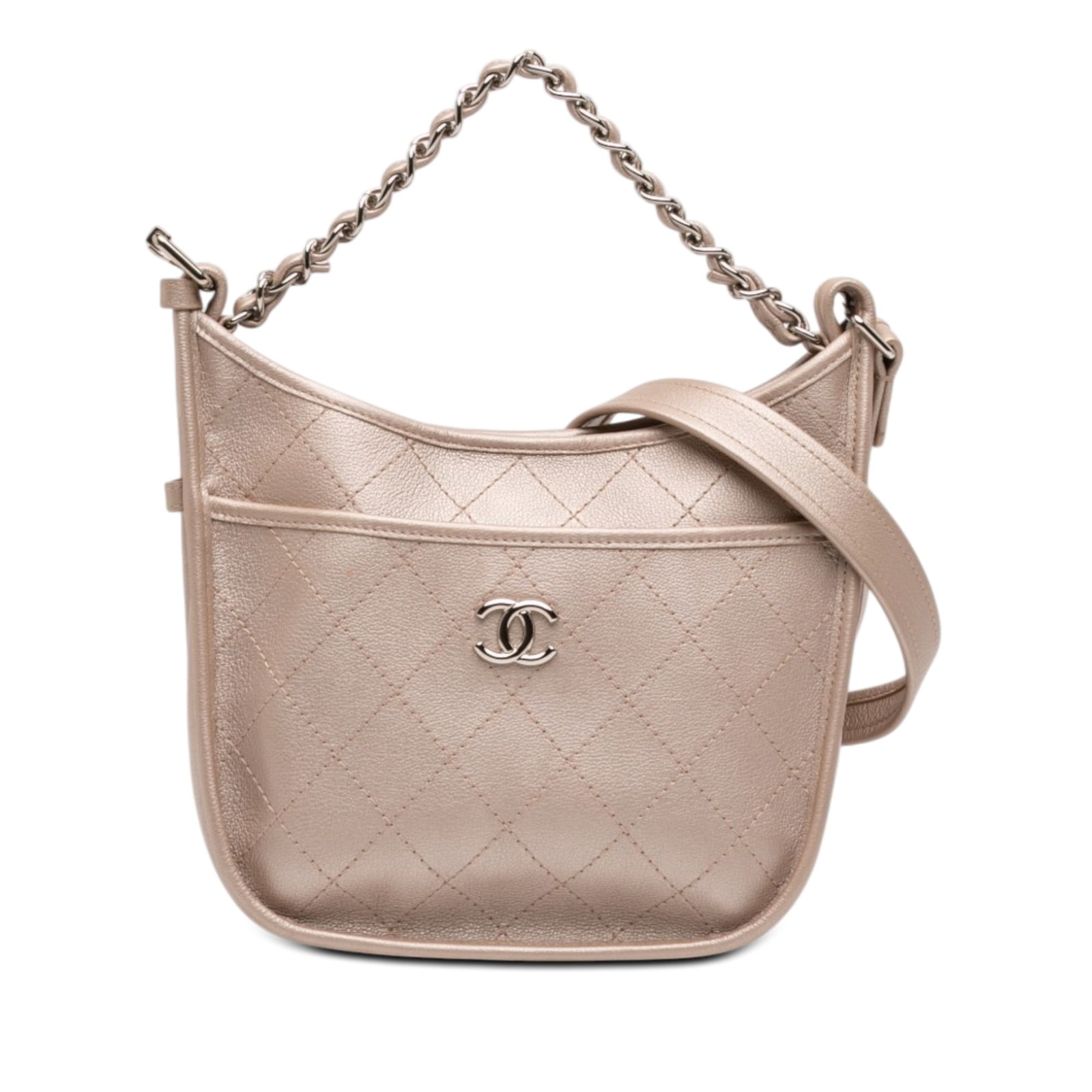 Chanel Jungle Stroll Small Hobo in Quilted Metallic Calfskin: Chanel Jungle Stroll Small Hobo in Quilted Metallic Calfskin This Chanel Jungle Stroll hobo is crafted in metallic quilted calfskin with a leather-woven chain handle and an adjustable flat leather str