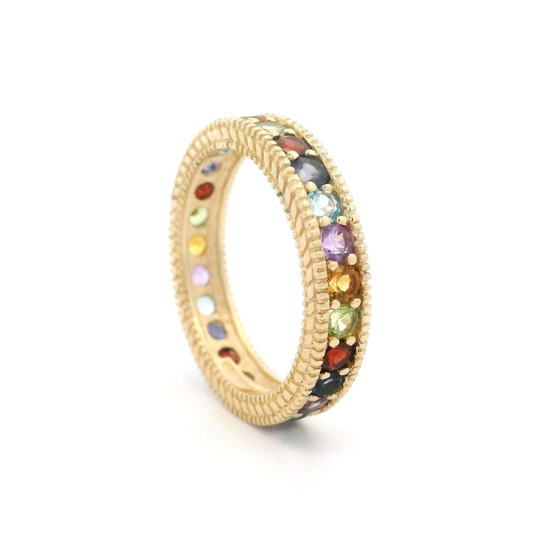 10k Yellow Gold Eternity Band Ring with Colorful Stones and Milgrain Design: 10k Yellow Gold Eternity Band Ring with Colorful Stones and Milgrain Design This exquisite eternity band ring is crafted from 10k yellow gold, showcasing a vibrant array of natural, genuine stones. Th