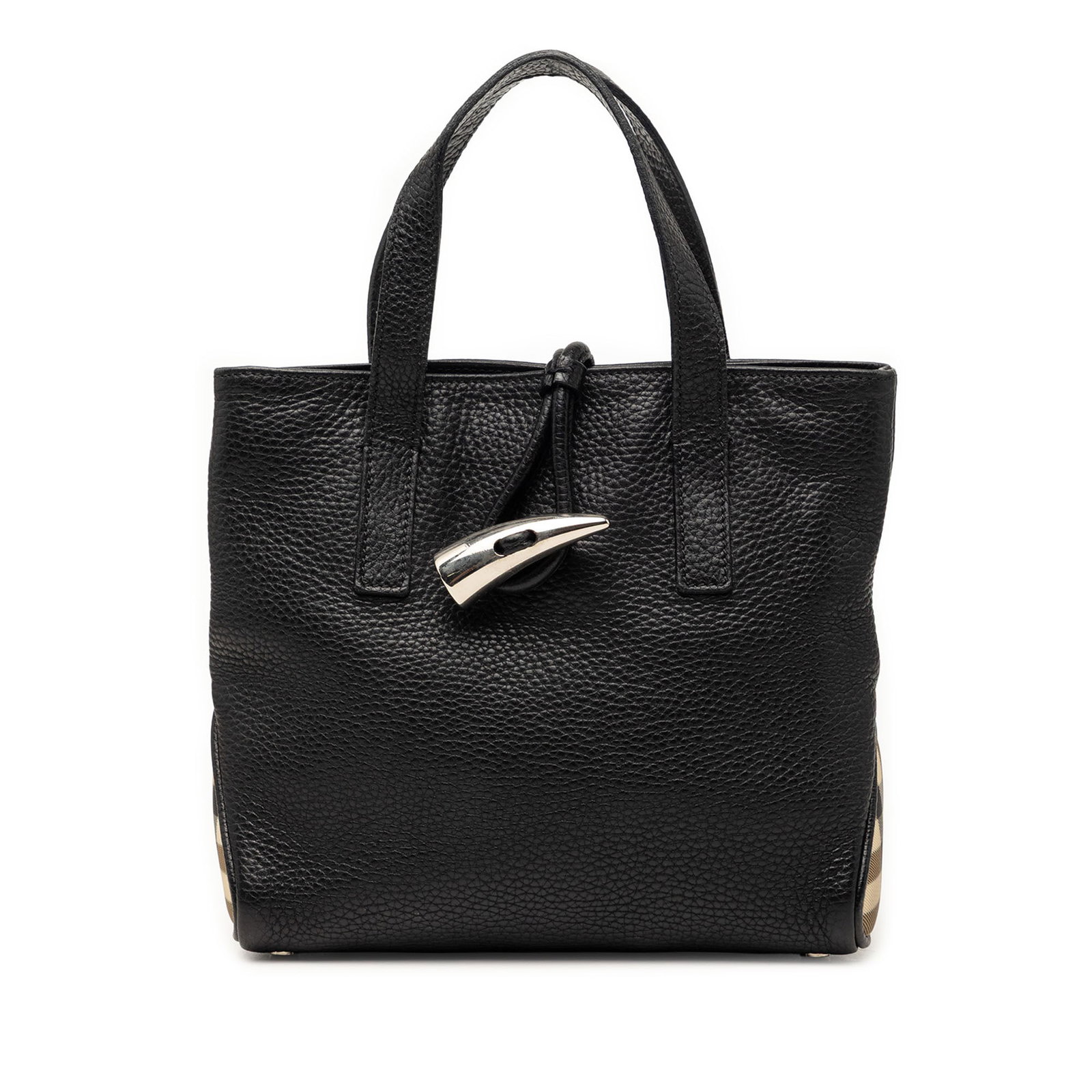 Burberry black grainy calfskin tote with horn toggle closure: Burberry black grainy calfskin tote with horn toggle closure This Burberry tote bag features a leather body with flat leather top handles and an open top secured by a distinctive horn toggle closure. 