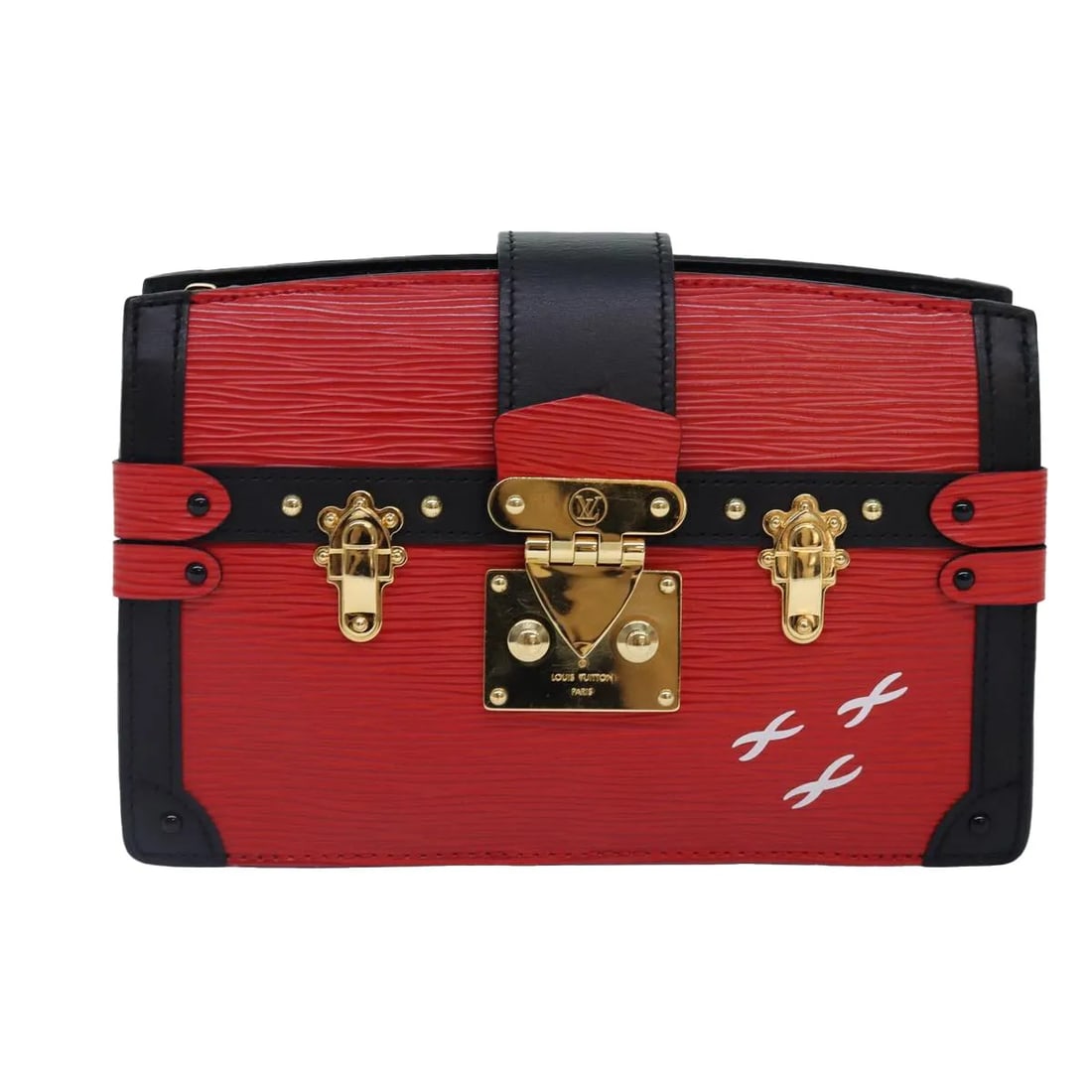 Red Epi Leather Clutch Trunk Bag by Louis Vuitton: Red Epi Leather Clutch Trunk Bag by Louis Vuitton This Louis Vuitton Trunk Clutch is crafted from Epi leather in a striking red hue. Designed for women, it features a structured silhouette with a shou
