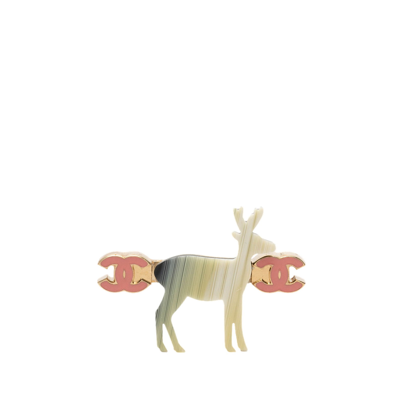 Chanel Reindeer Brooch CC Gradient Resin Gold Plated: Chanel Reindeer Brooch CC Gradient Resin Gold Plated A Chanel costume brooch in a reindeer design, featuring a resin body with gold tone metal and enamel details. It has a back pin closure and is made