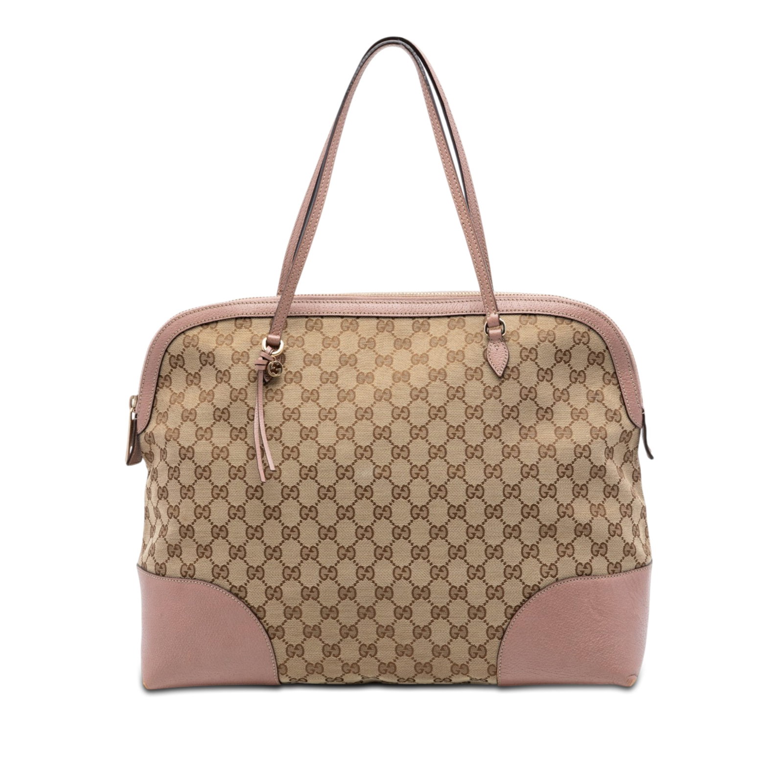 Gucci GG Canvas Bree Dome Tote Bag: Gucci GG Canvas Bree Dome Tote Bag This Gucci Large GG Canvas Bree Dome Tote features a beige canvas body accented with leather trim and flat leather straps. The bag is designed with a top zip closure