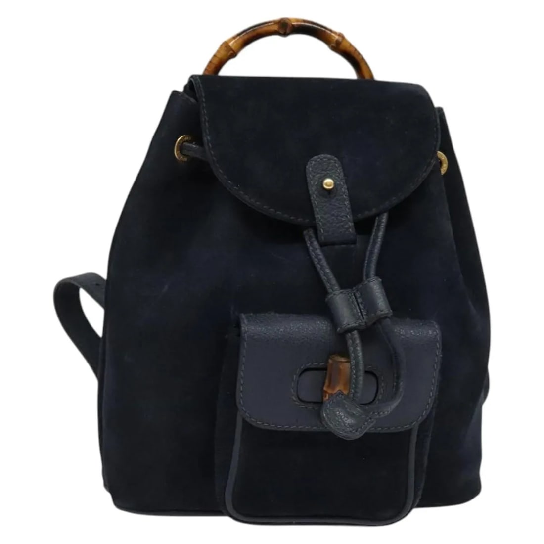 Gucci Bamboo Navy Suede Handbag 21cm Italy: Gucci Bamboo Navy Suede Handbag 21cm Italy Gucci Bamboo women's bag in navy suede, made in Italy. The bag measures 21 cm x 21 cm x 7 cm and is described as being in good condition with noted exterior,