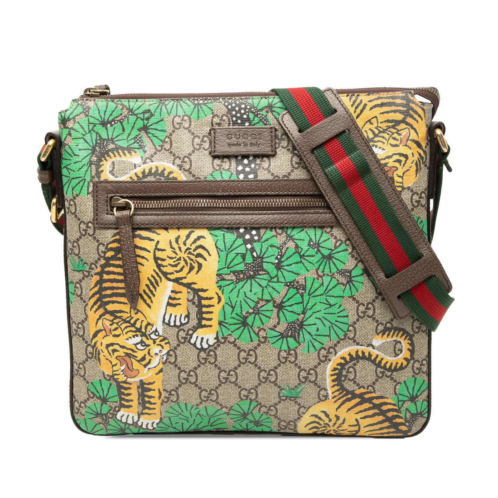 Gucci GG Supreme Bengal Web Crossbody Bag Beige: Gucci GG Supreme Bengal Web Crossbody Bag Beige Gucci GG Supreme Web Bengal Crossbody bag in beige coated canvas with leather trim and Bengal print. This crossbody design features a flat canvas strap,