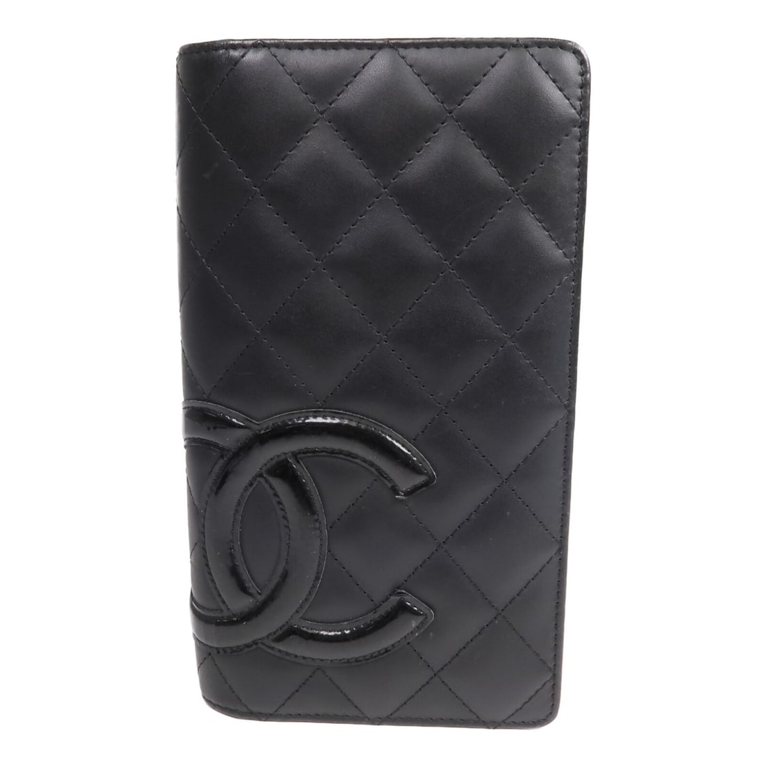 CHANEL Cambon CC bifold wallet black calfskin leather: CHANEL Cambon CC bifold wallet black calfskin leather A CHANEL Cambon long bifold wallet in black calfskin leather, designed for women. It features a practical interior layout with one wallet compartm