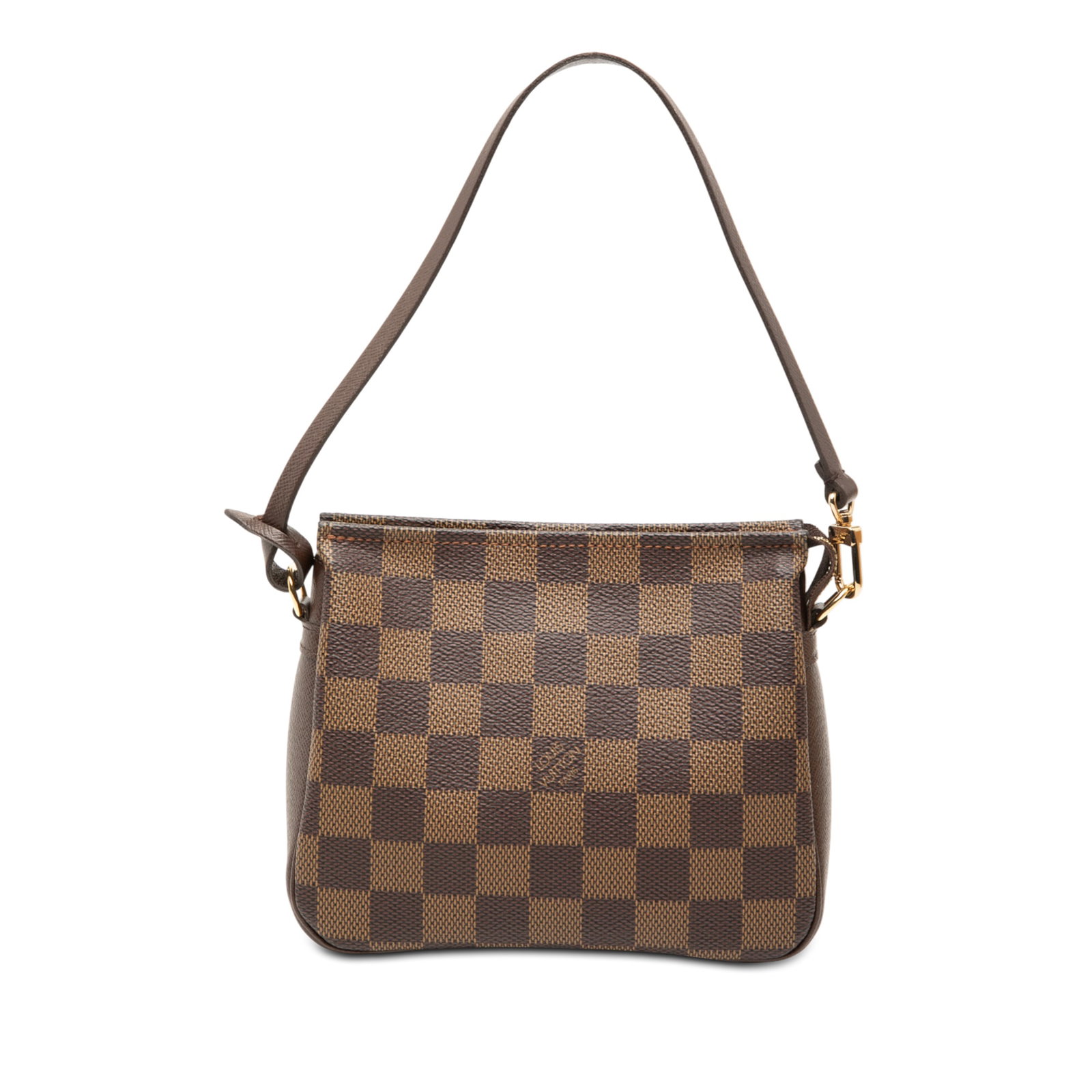 Damier Ebene Canvas Pouch with Leather Strap by Louis Vuitton: Damier Ebene Canvas Pouch with Leather Strap by Louis Vuitton This Louis Vuitton Damier Ebene Trousse Pochette features a signature damier canvas body, complemented by a flat leather strap and a secur