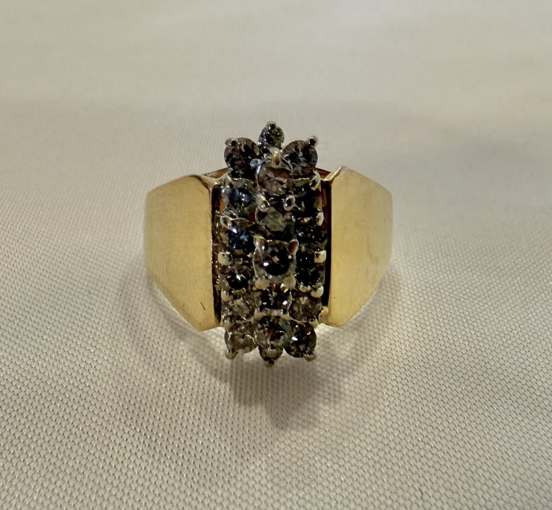 Diamond Ring in 14k Yellow Gold French Hallmarked Size 5.75: Diamond Ring in 14k Yellow Gold French Hallmarked Size 5.75 This French ring is crafted from 14k yellow gold and features 18 diamonds. It is fully signed and hallmarked, showcasing detailed design and