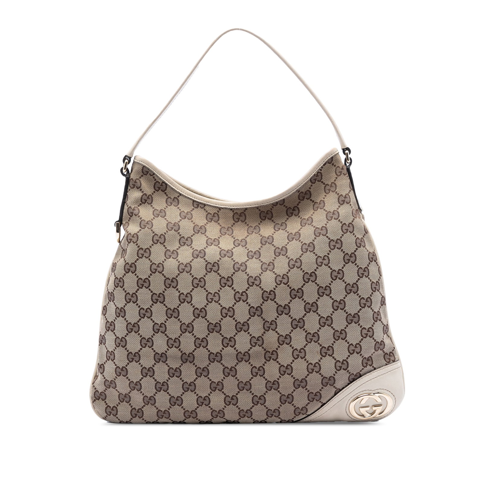 Gucci New Britt GG Canvas Hobo Bag Beige: Gucci New Britt GG Canvas Hobo Bag Beige Gucci GG Canvas New Britt Hobo in beige fabric with a flat leather strap, open top, and magnetic closure. The interior includes zip and slip pockets. Condition