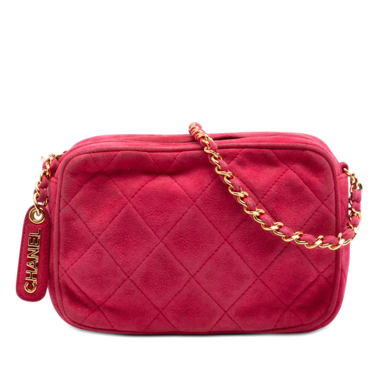 Chanel CC Camera Crossbody Bag Quilted Red Suede: Chanel CC Camera Crossbody Bag Quilted Red Suede Crossbody bag in red with a suede body and suede-woven chain strap. It features a top zip closure and an interior zip pocket. Made in Italy, this Chane