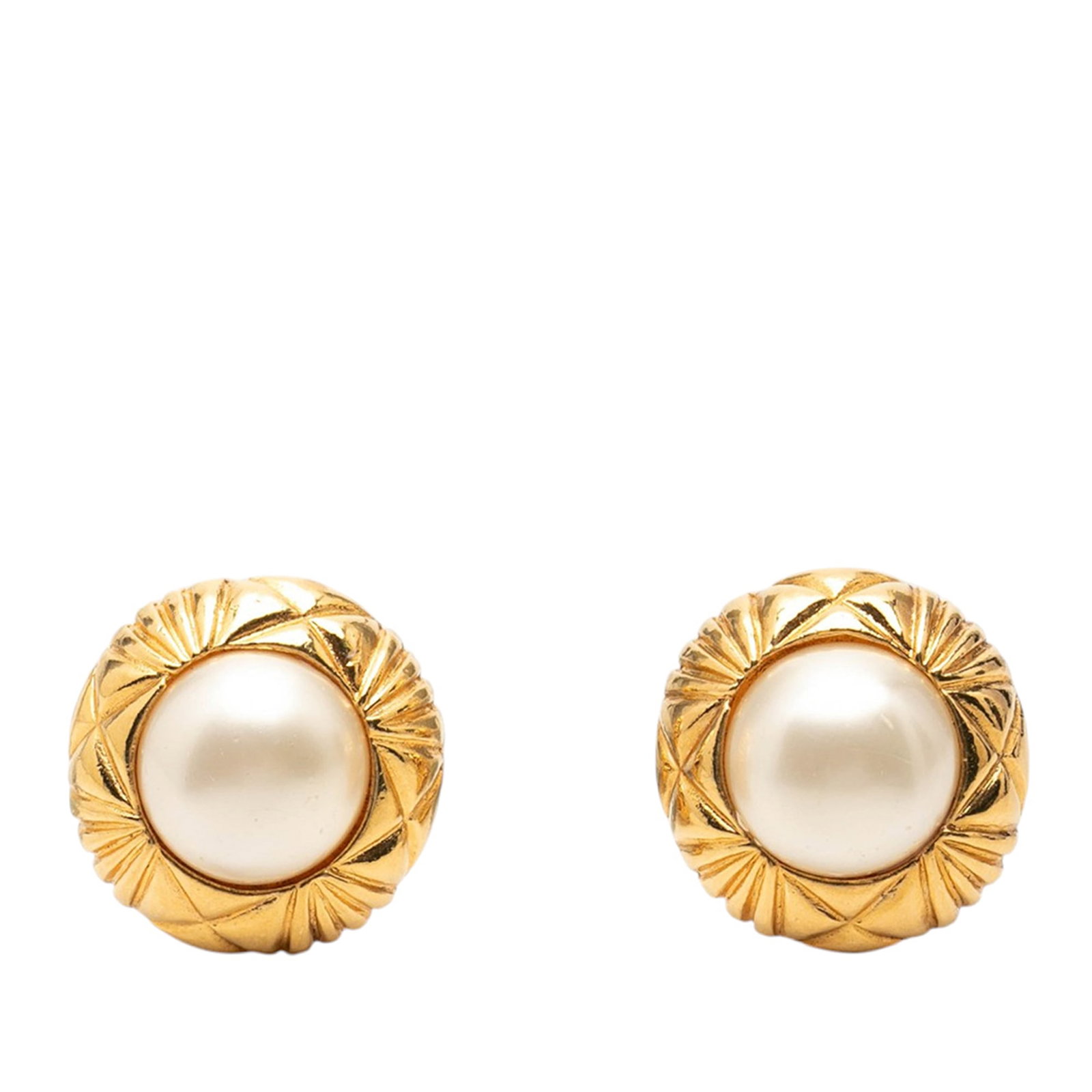 Chanel CC Clip On Earrings Gold Plated Faux Pearl Quilted: Chanel CC Clip On Earrings Gold Plated Faux Pearl Quilted Clip-on earrings with a quilted CC design and faux pearl embellishment. Crafted in gold-tone metal, this pair is made in France and shows visi