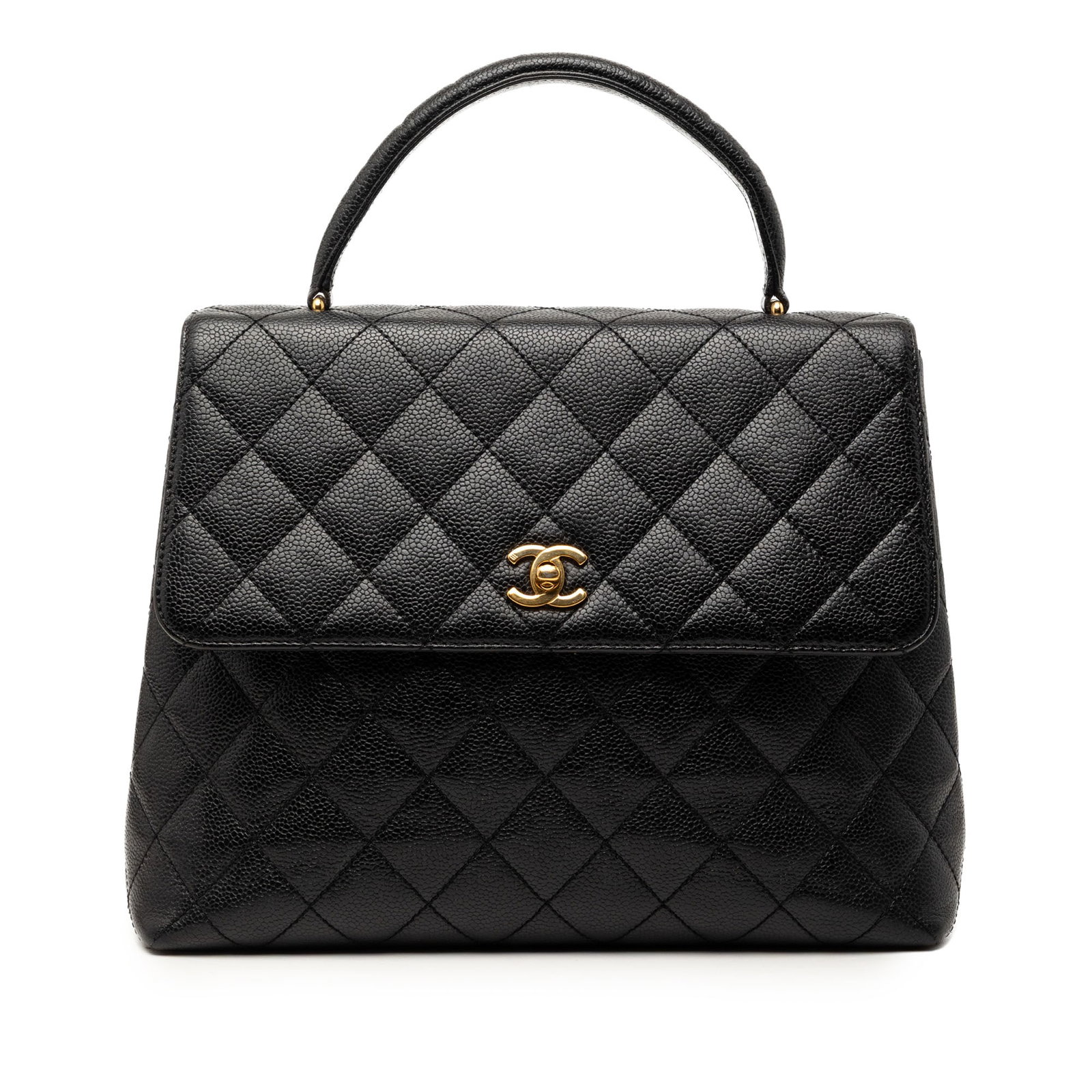 Chanel Kelly Top Handle Bag in Black Quilted Caviar Leather: Chanel Kelly Top Handle Bag in Black Quilted Caviar Leather This Chanel top handle bag is crafted in black quilted caviar leather and features a structured silhouette with a rolled top handle and top 
