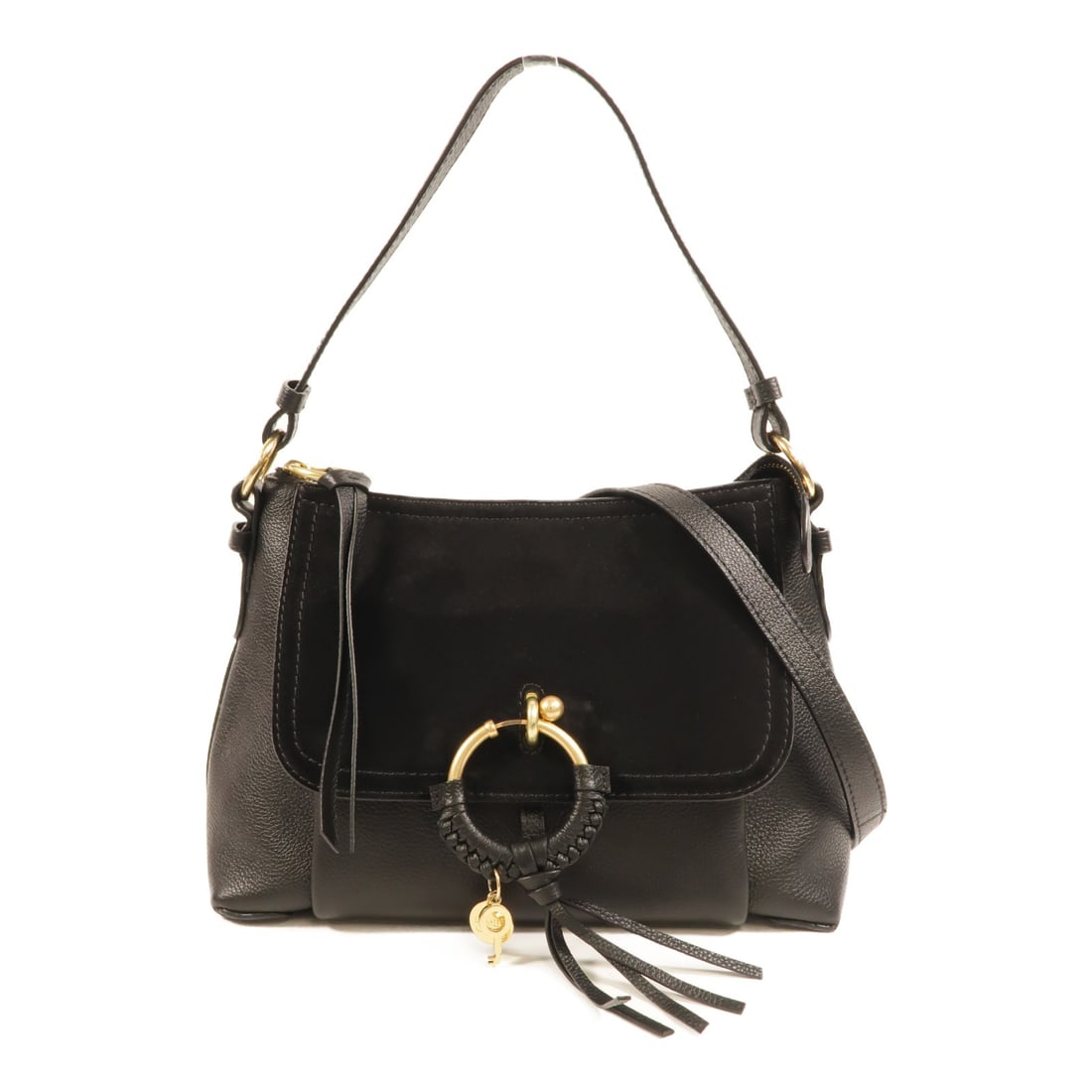 See by Chloe black calfskin 2way shoulder bag with strap: See by Chloe black calfskin 2way shoulder bag with strap A See by Chloe 2way shoulder bag in black calfskin (cowhide) leather. It features a shoulder strap and a storage bag accessory, with a flap-typ