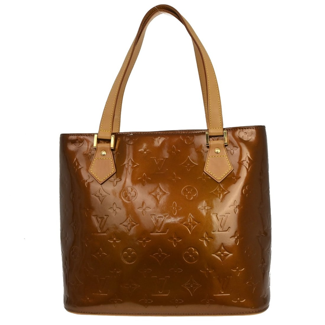 Louis Vuitton Houston Vernis Monogram Bronze Patent Leather Tote M91122: Louis Vuitton Houston Vernis Monogram Bronze Patent Leather Tote M91122 Vintage Louis Vuitton Houston tote handbag in Monogram Vernis with a zip closure, double leather handles, and brown leather lini