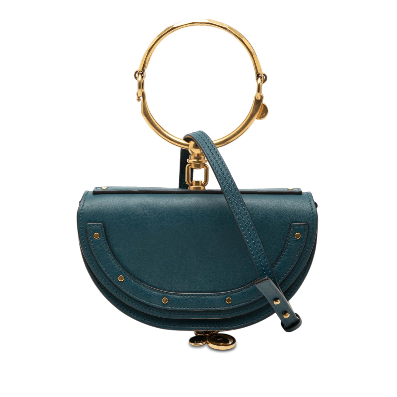 Chloe Nile leather satchel with ring handle and strap: Chloe Nile leather satchel with ring handle and strap This Chloe Mini Calfskin Nile Bracelet Satchel is crafted from blue leather and features a distinctive gold-tone ring handle, a detachable flat st