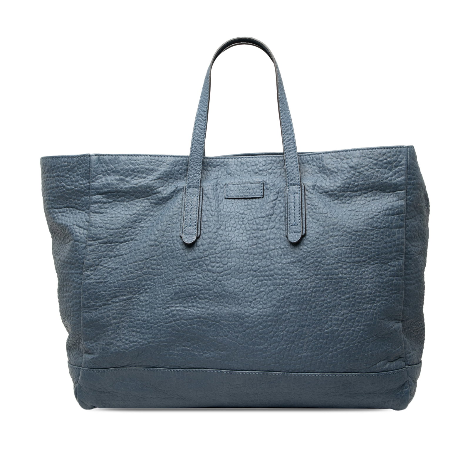 Blue Grained Leather Tote Bag by Gucci with Interior Pockets: Blue Grained Leather Tote Bag by Gucci with Interior Pockets This Gucci Large Grained Leather Tote is crafted from blue grained leather and features flat leather handles, an open top, and interior zip