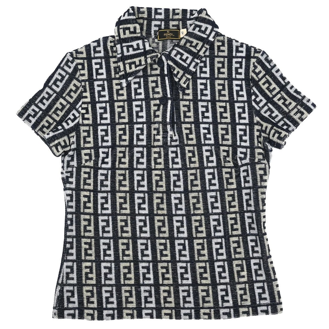 Fendi Zucca Collared Polo Top Navy IT 42 Women: Fendi Zucca Collared Polo Top Navy IT 42 Women Fendi women's polo top in navy with the signature Zucca logo accent. This short-sleeve collared style is made in Italy in a cotton and nylon blend with a