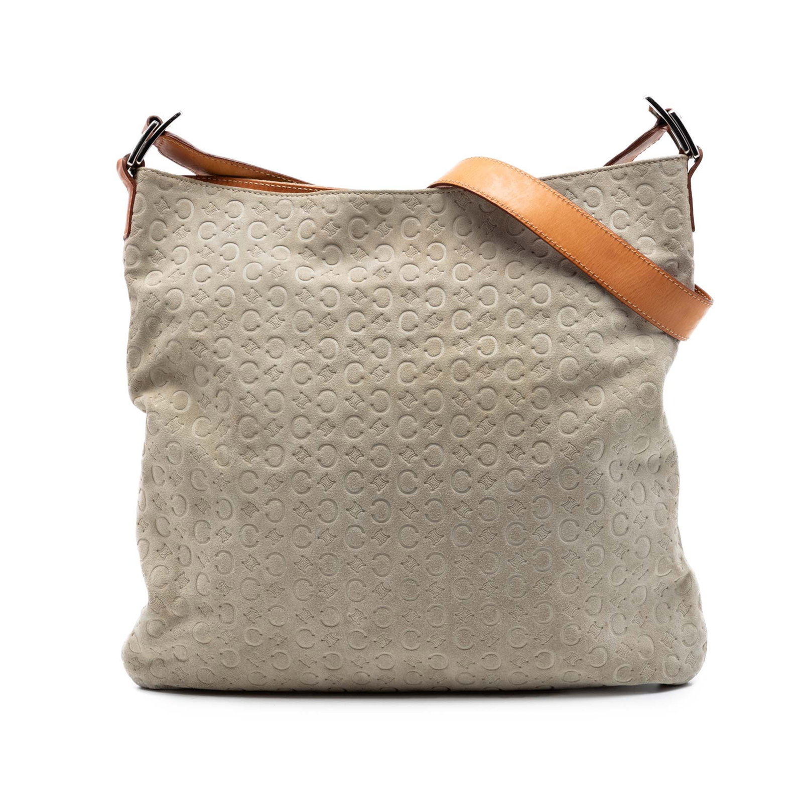 Celine gray suede leather C Macadam crossbody bag: Celine gray suede leather C Macadam crossbody bag This Celine C Macadam Suede Crossbody bag is crafted from suede leather and features a flat leather shoulder strap. It has an open top with a magnetic