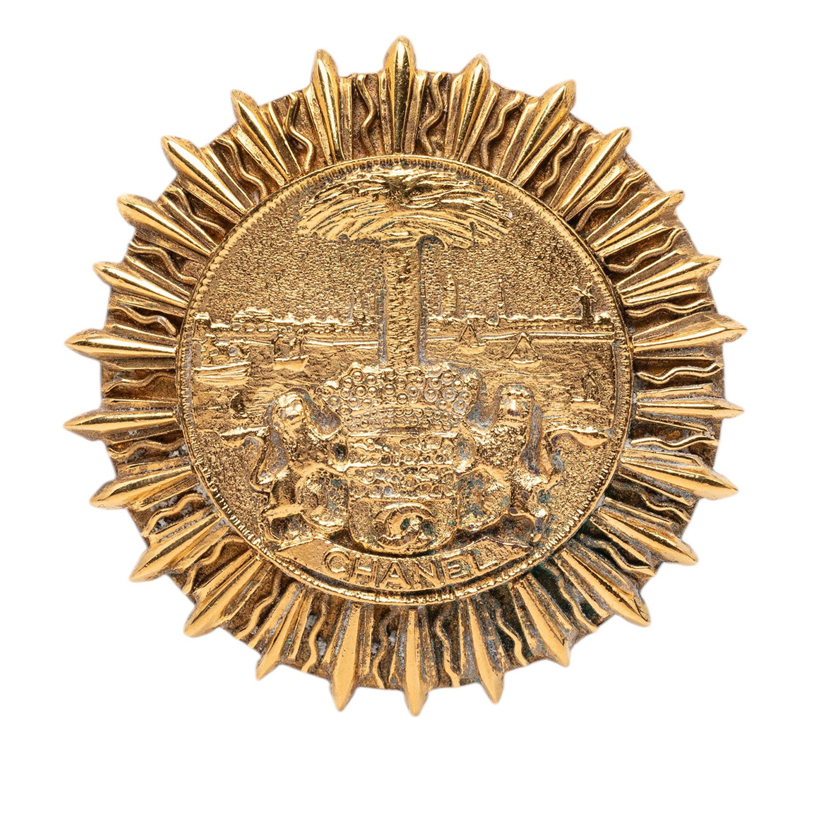 Chanel Sunburst Medallion Coat of Arms Gold Plated Brooch (1 of 3)