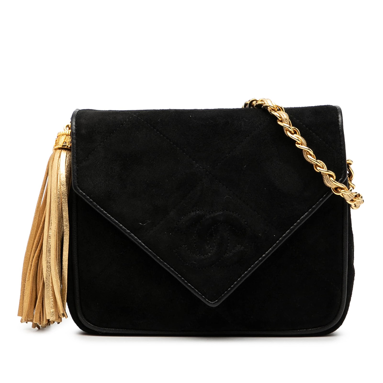 Chanel Black Quilted Suede Leather Crossbody Bag with Tassel and Chain Strap: Chanel Black Quilted Suede Leather Crossbody Bag with Tassel and Chain Strap This Chanel CC Suede Tassel Crossbody bag features a quilted suede leather body with a tassel detail, a chain link strap, a