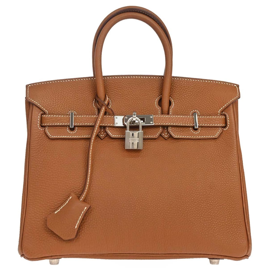 HERMES Birkin 25 Gold Taurillon Clemence Top Handle Bag: HERMES Birkin 25 Gold Taurillon Clemence Top Handle Bag Hermes Birkin 25 handbag in Gold Taurillon Clemence leather, made in France. This top handle bag features a turnlock closure, double handles, lo