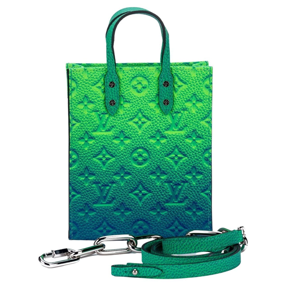 Louis Vuitton Virgil Abloh Green Blue Mini Sac Plat 2021 with Silver Hardware: Louis Vuitton Virgil Abloh Green Blue Mini Sac Plat 2021 with Silver Hardware Introducing the Abloh x Vuitton Green/Blue Mini Sac Plat, a striking designer piece by Louis Vuitton. This exquisite bag f