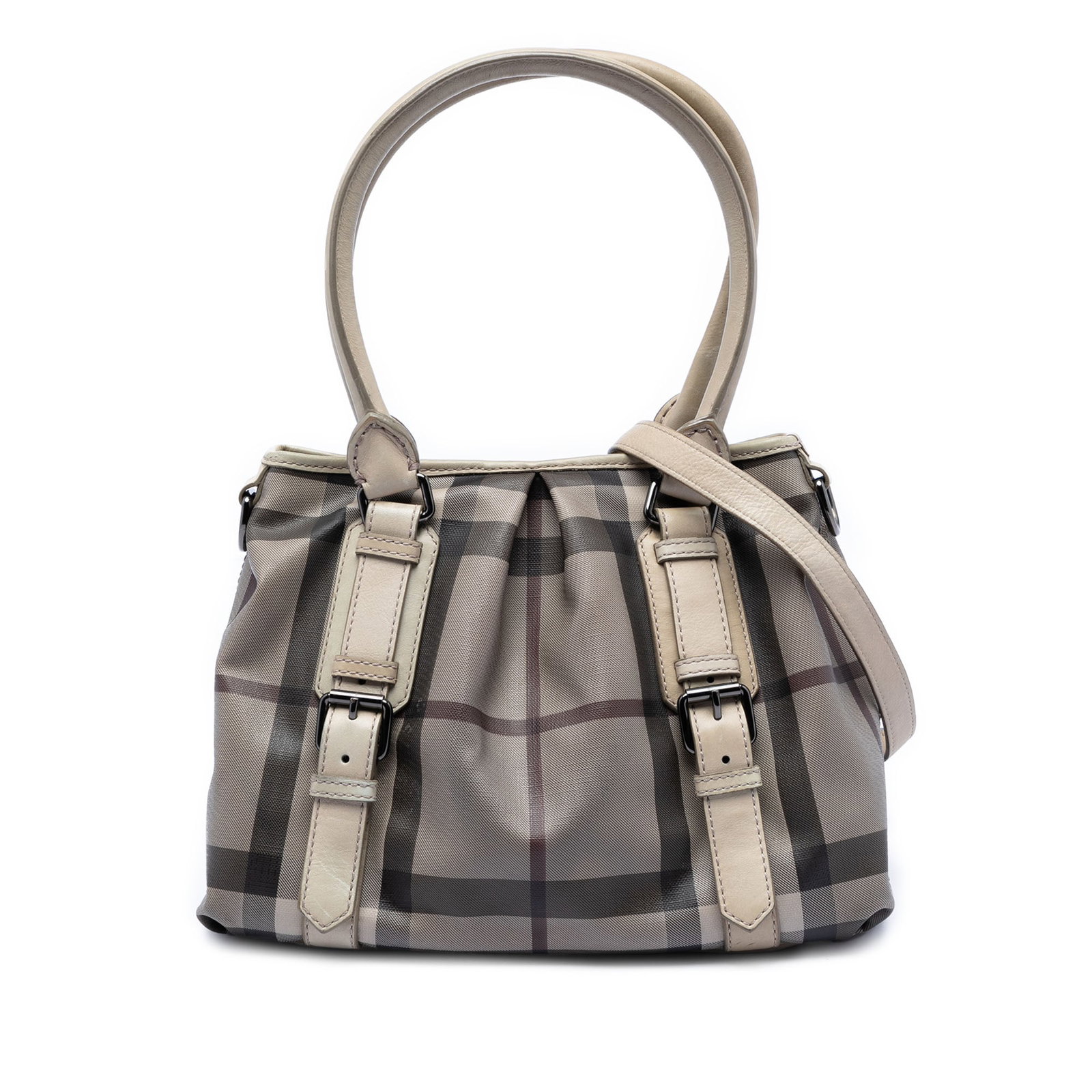 Burberry Northfield Small Gray Check Satchel: Burberry Northfield Small Gray Check Satchel This Burberry Small Smoke Check Northfield Satchel features a coated canvas body with leather trim and buckle accents, rolled leather handles, and a detach