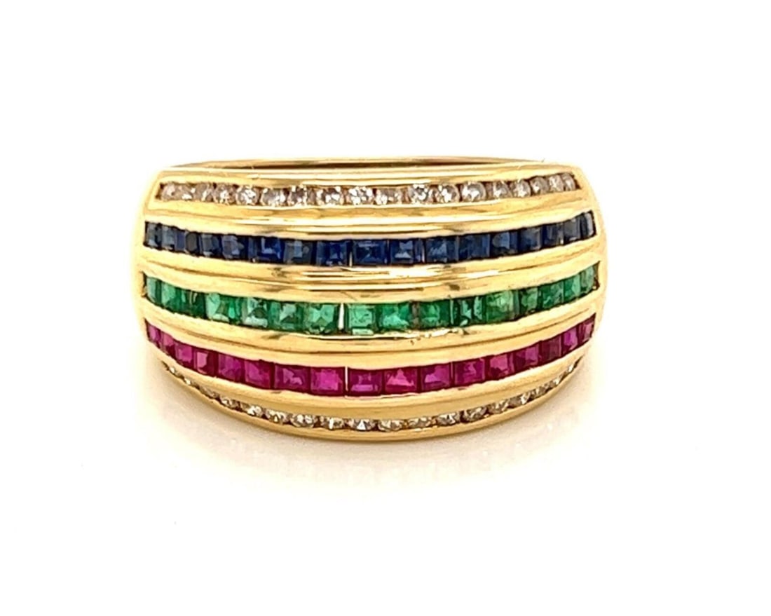 Le Vian 18k Yellow Gold Dome Ring with Diamonds Rubies Emeralds Sapphires 7.5: Le Vian 18k Yellow Gold Dome Ring with Diamonds Rubies Emeralds Sapphires 7.5 This Le Vian dome band ring is crafted in 18k yellow gold and features a sculptural design accented with natural diamonds,