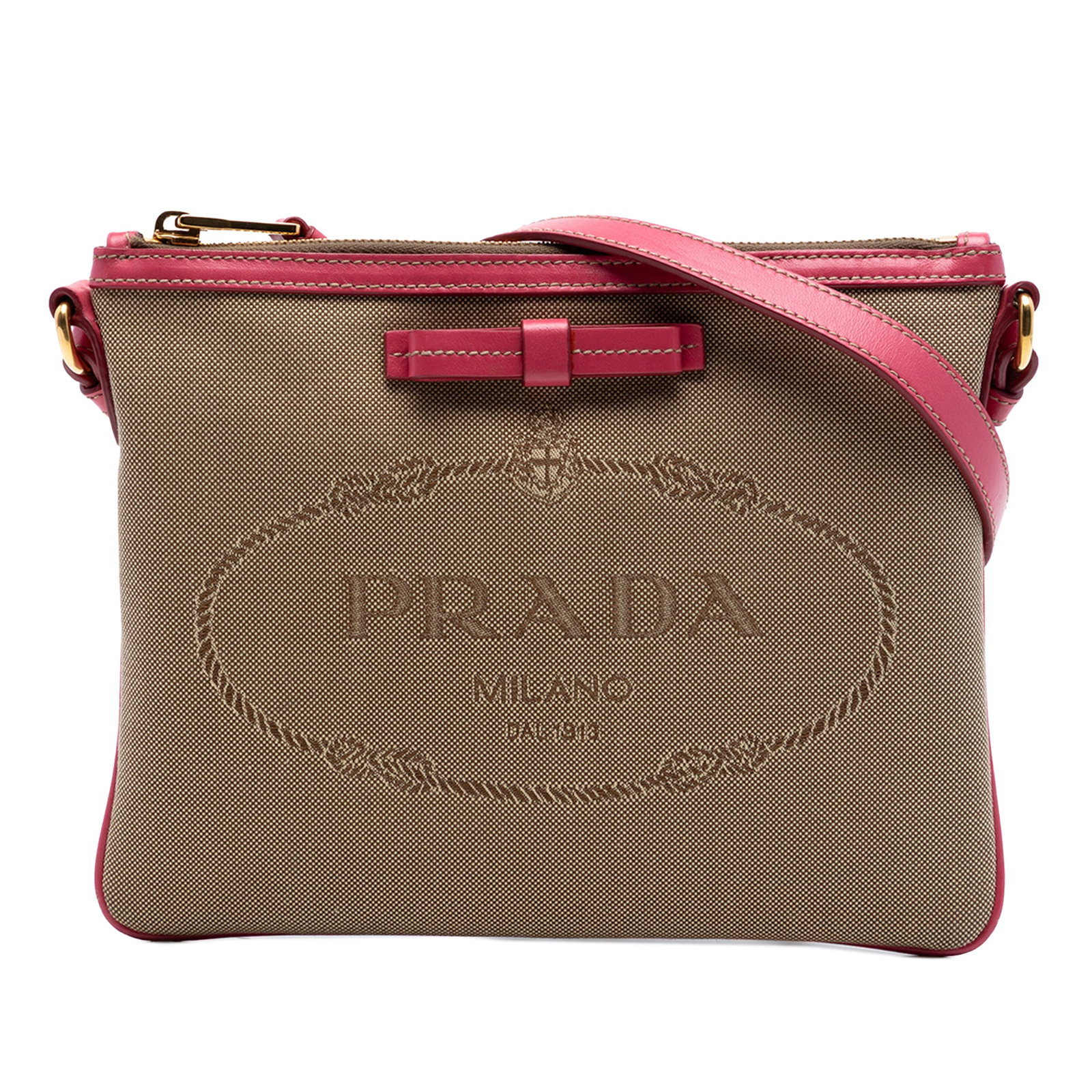 Prada Canapa Bow Canvas Crossbody Bag: Prada Canapa Bow Canvas Crossbody Bag This Prada Canvas Canapa Logo Bow Crossbody bag features a beige fabric body with leather trim, an adjustable flat leather strap, a top zip closure, and an interi