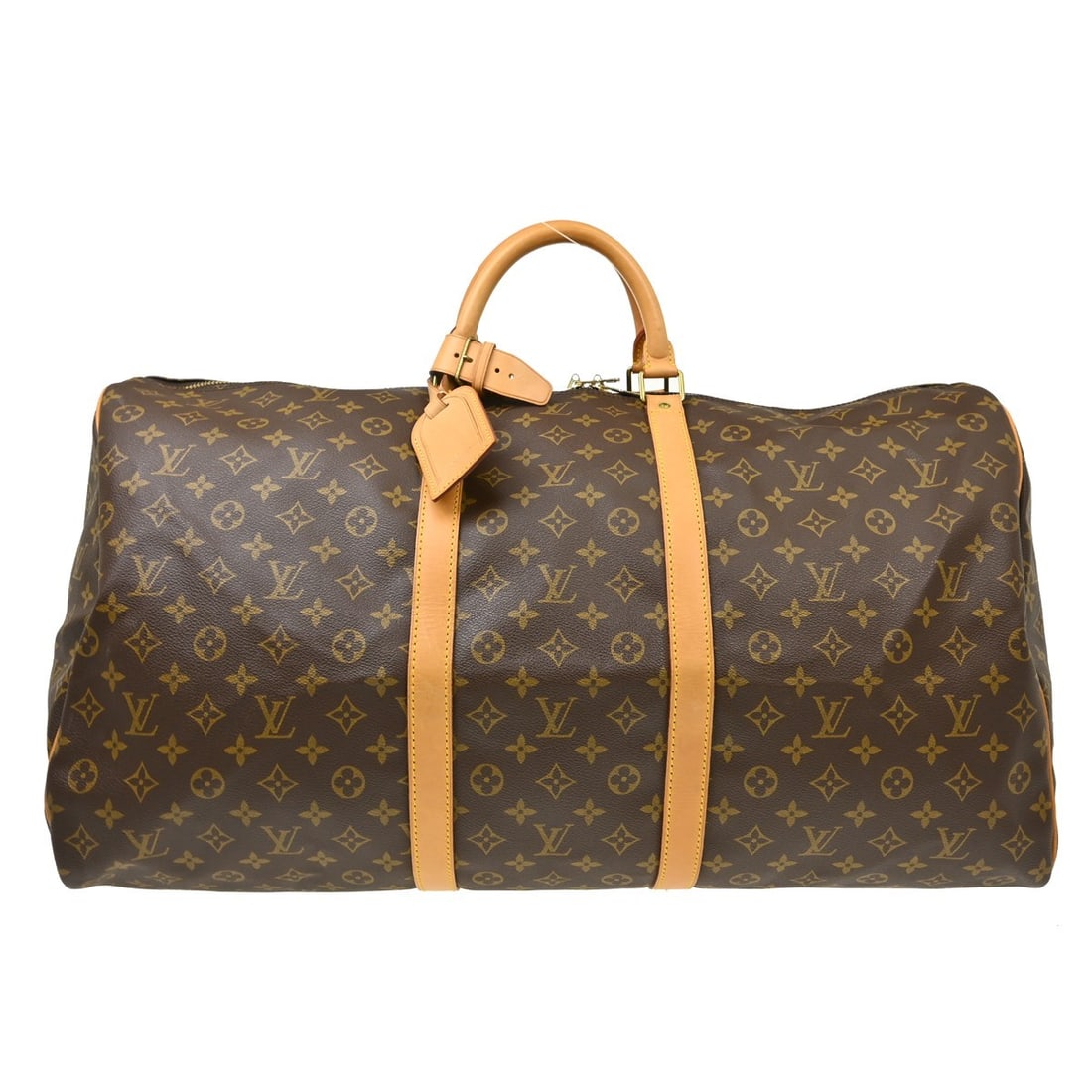 Louis Vuitton Keepall 60 Monogram Duffle Bag M41422 MI0950: Louis Vuitton Keepall 60 Monogram Duffle Bag M41422 MI0950 Vintage Louis Vuitton Keepall 60 travel handbag in Monogram canvas and leather with double handles and zip closure. This extra large duffle-s