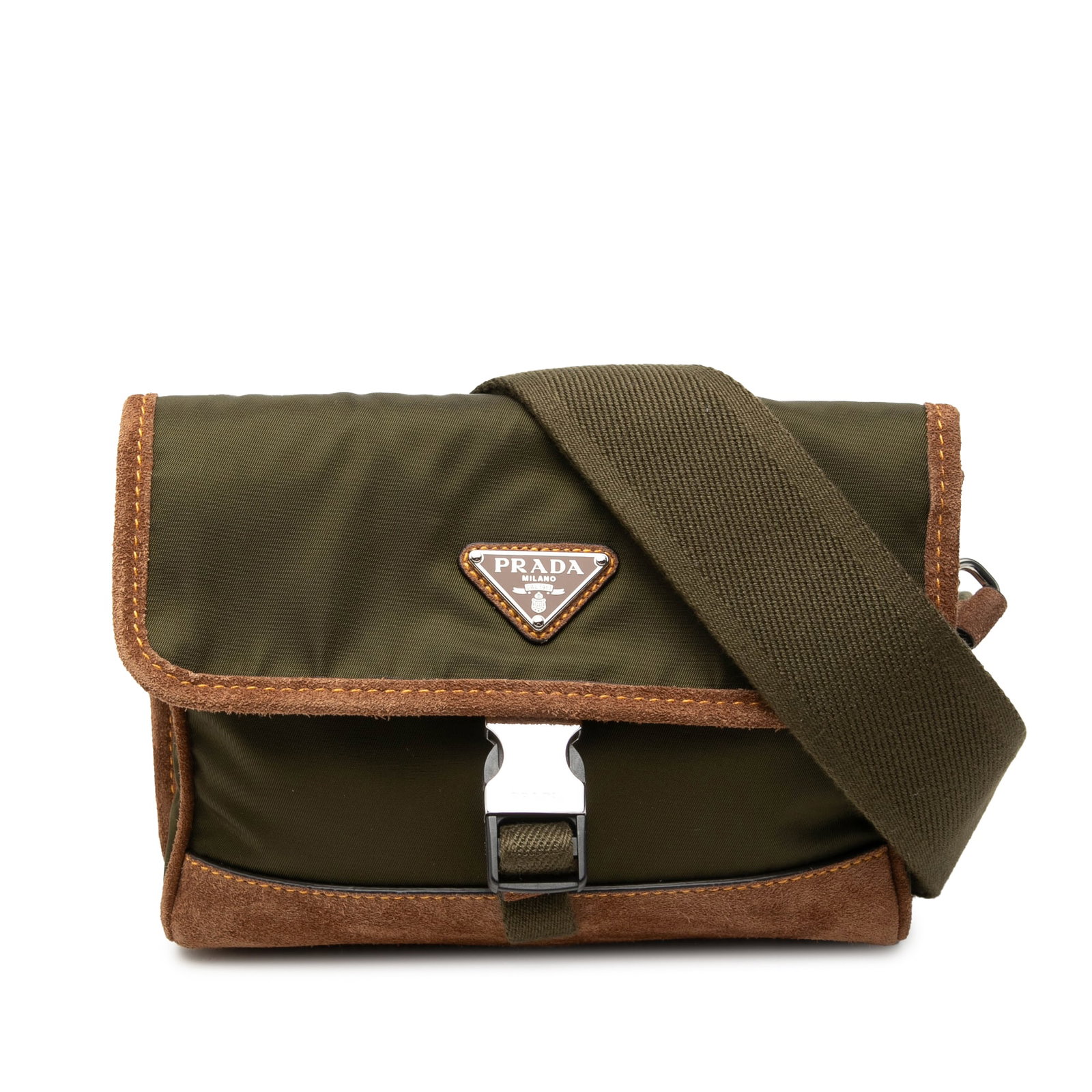 Prada Re Nylon Smartphone Crossbody Case with Suede Trim: Prada Re Nylon Smartphone Crossbody Case with Suede Trim Prada crossbody smartphone case in green with a nylon body and suede leather trim. It features an adjustable and detachable strap, a front flap