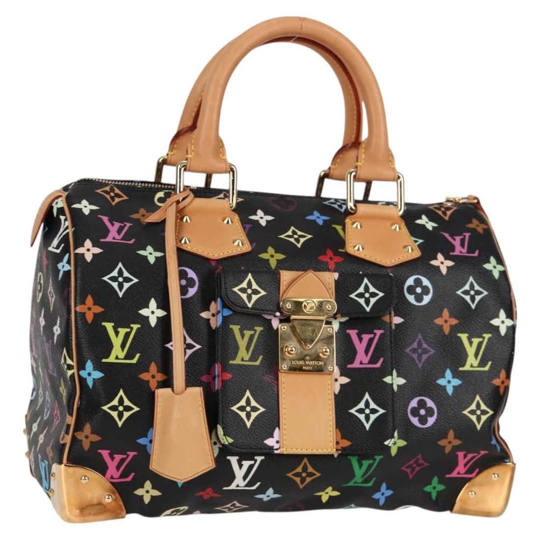 Louis Vuitton Speedy 30 Handbag Monogram Multicolor Canvas Black M92642: Louis Vuitton Speedy 30 Handbag Monogram Multicolor Canvas Black M92642 A Louis Vuitton Speedy 30 hand bag in black Monogram Multicolor Canvas, made in France. It comes with a dust bag, two keys, and 