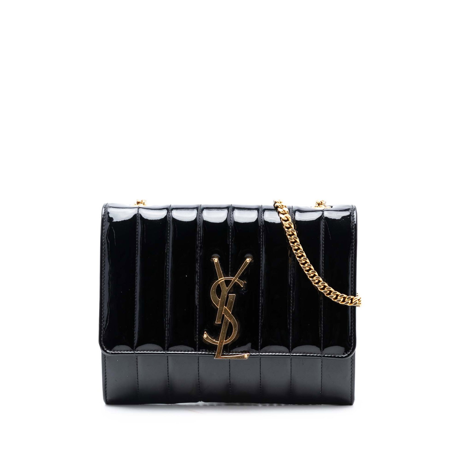 Black Patent Leather Vicky Quilted Medium Crossbody Bag by Saint Laurent: Black Patent Leather Vicky Quilted Medium Crossbody Bag by Saint Laurent This Saint Laurent Medium Patent Vicky Crossbody features a quilted patent leather exterior in black with a chain-link strap an