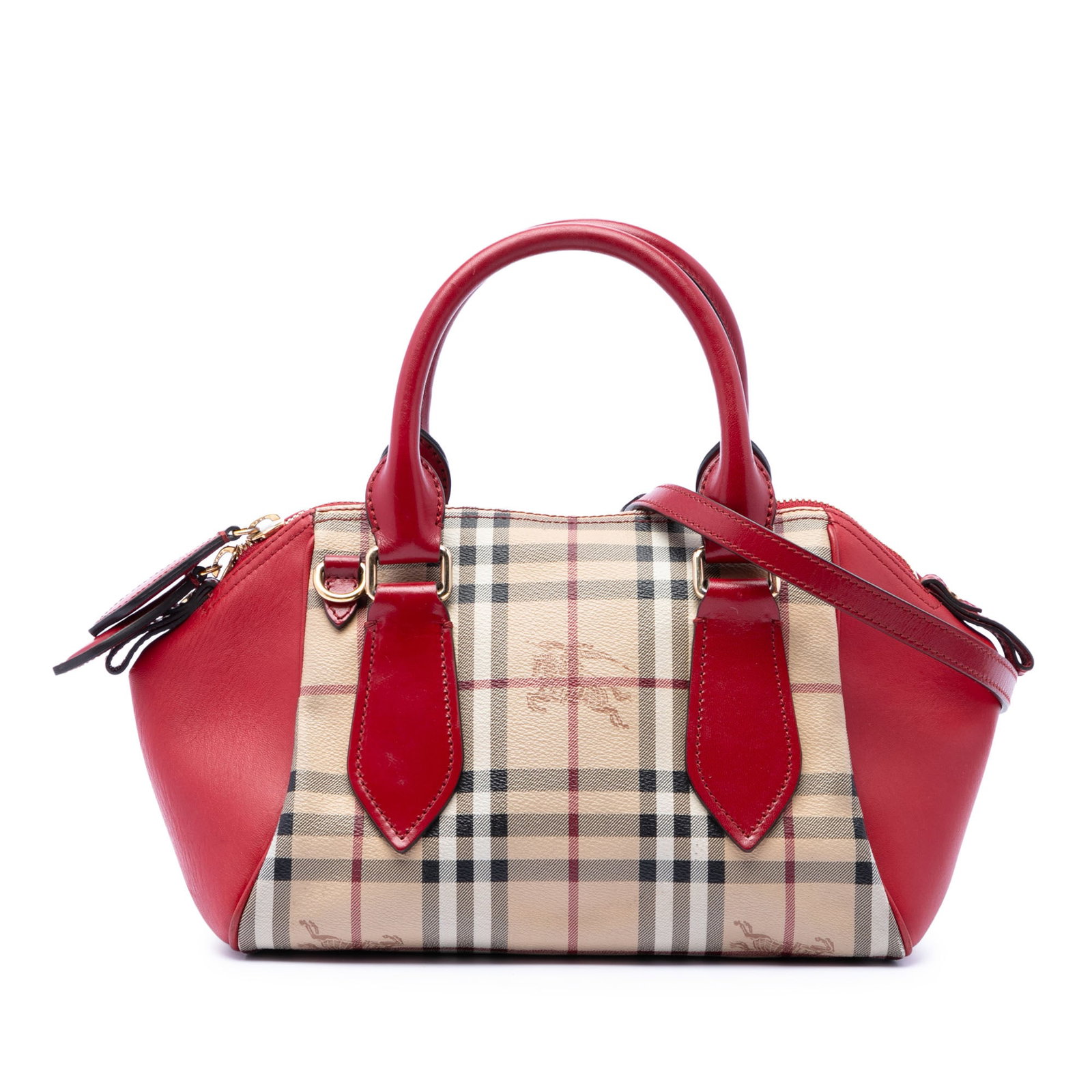 Burberry Blaze Small Satchel in Haymarket Check Coated Canvas: Burberry Blaze Small Satchel in Haymarket Check Coated Canvas This satchel is crafted with a coated canvas body and leather trim, featuring rolled handles, a detachable and adjustable leather strap, a