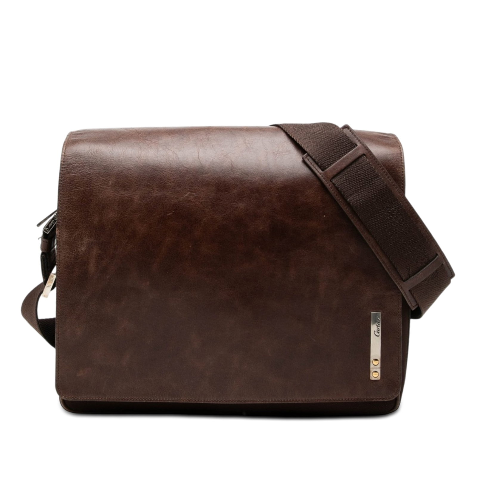 Cartier Santos Brown Leather Canvas Messenger Bag: Cartier Santos Brown Leather Canvas Messenger Bag This Cartier Santos messenger bag is crafted with a leather and canvas body and features an adjustable flat shoulder strap. The design includes a fron