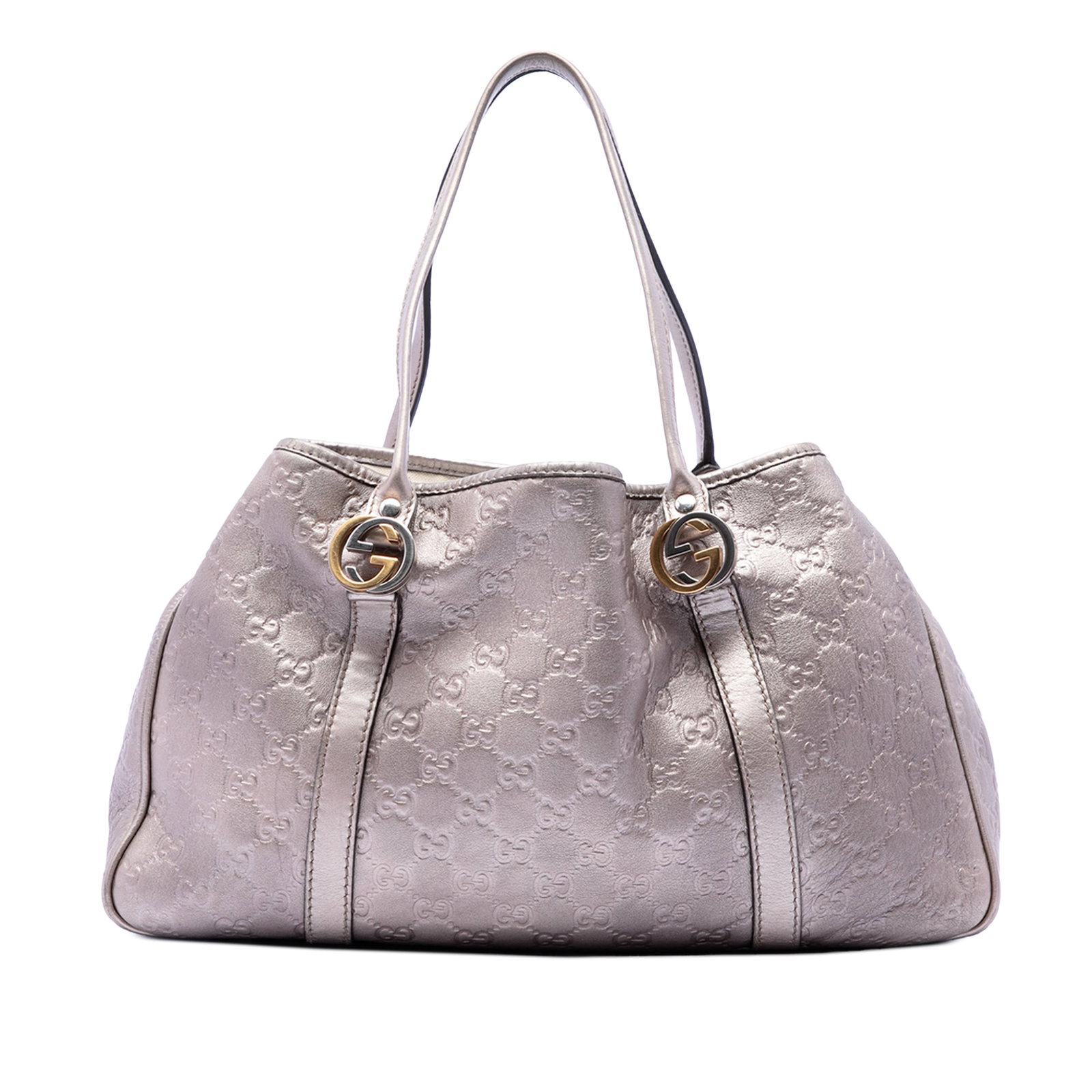 Gucci Twins Tote in Purple Metallic Guccissima Leather: Gucci Twins Tote in Purple Metallic Guccissima Leather Gucci Metallic Guccissima Twins tote in purple embossed leather. This open-top tote features flat leather handles and an interior with zip and sl