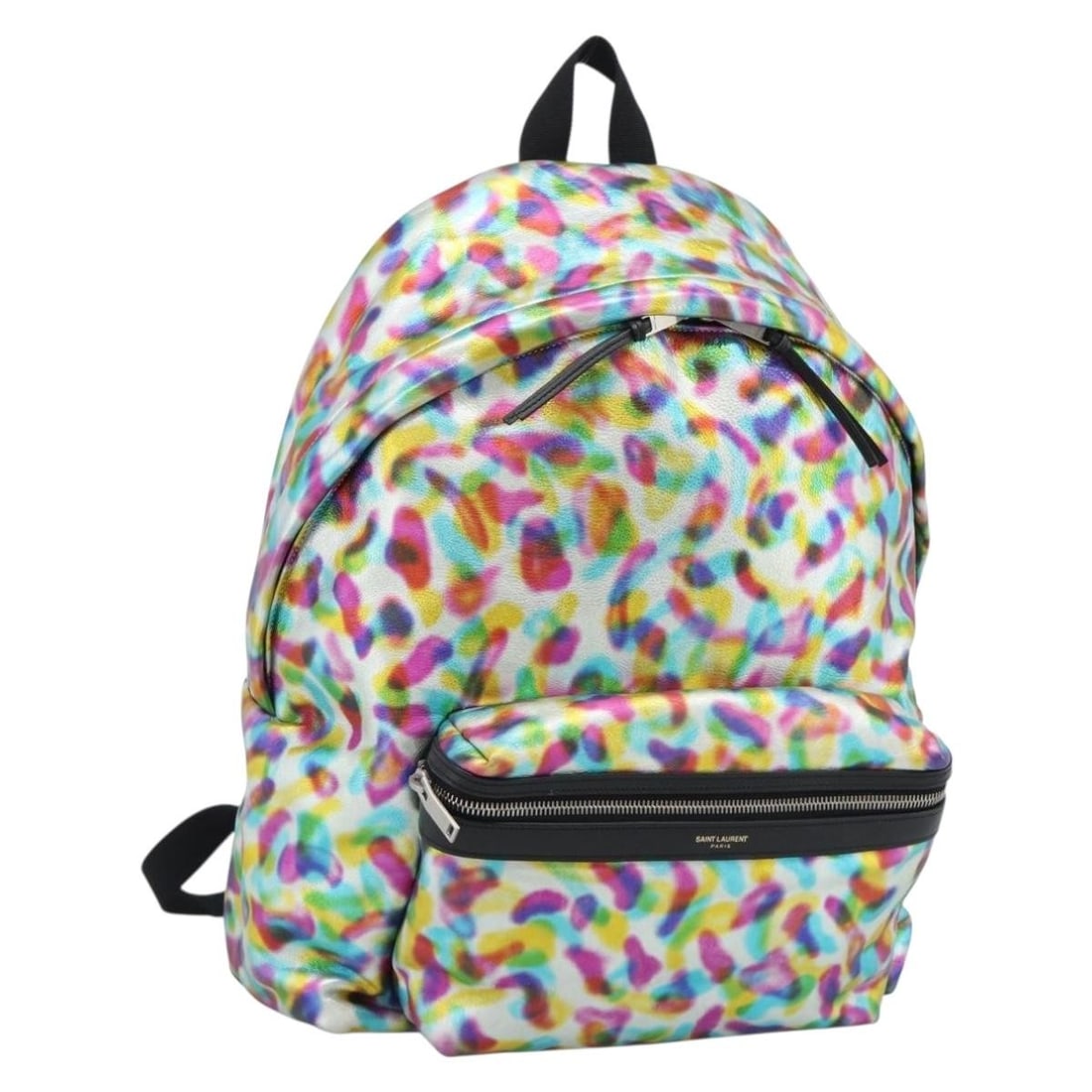 SAINT LAURENT 326865 Leather Backpack Multicolor Silver Italy: SAINT LAURENT 326865 Leather Backpack Multicolor Silver Italy A Saint Laurent leather backpack in a multicolor and silver colorway, made in Italy. It features a structured backpack style with approxim