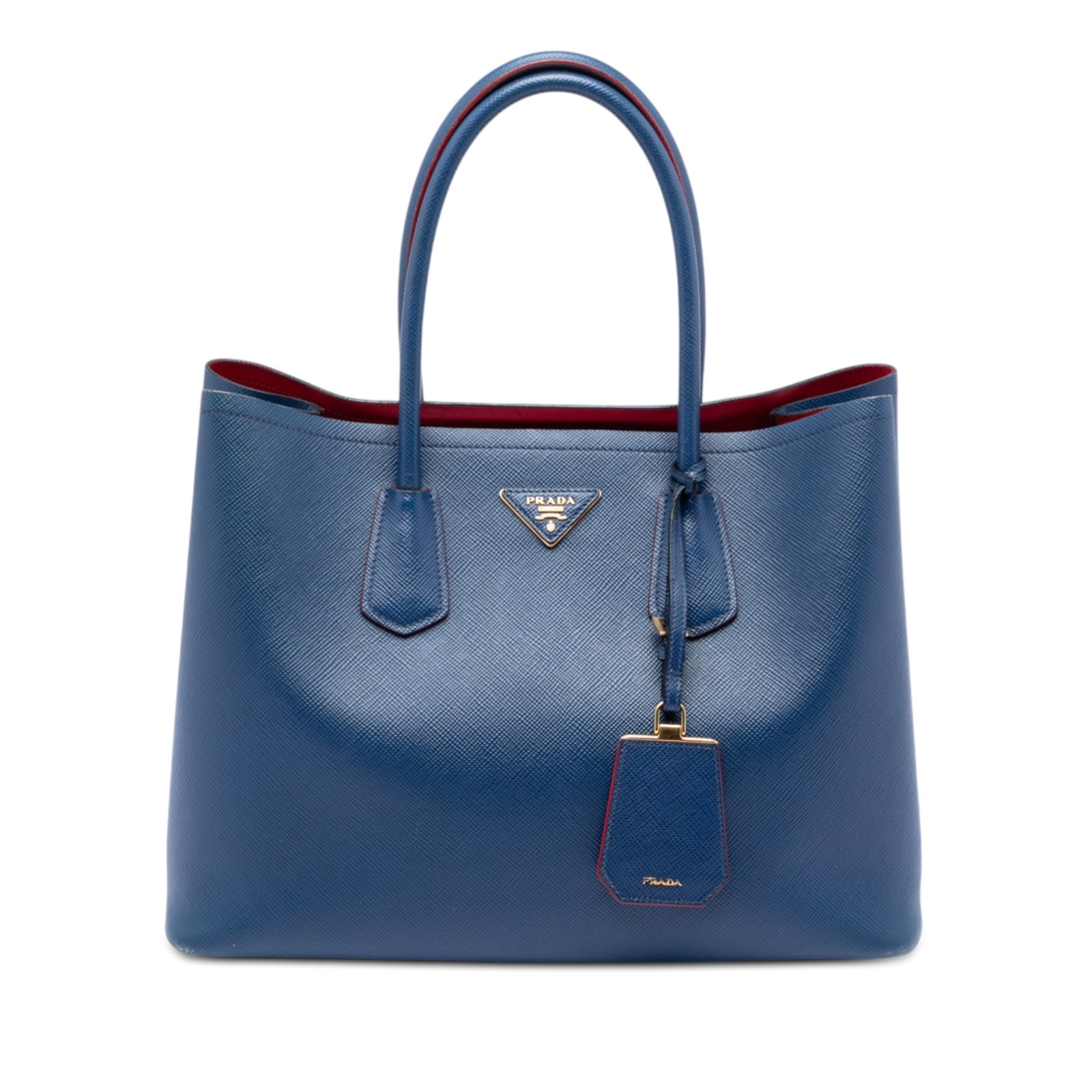 Prada Saffiano Leather Double Satchel Large Blue Handbag: Prada Saffiano Leather Double Satchel Large Blue Handbag This Prada Large Saffiano Cuir Double Satchel features a blue saffiano leather body with rolled leather handles, an open top with side snap but