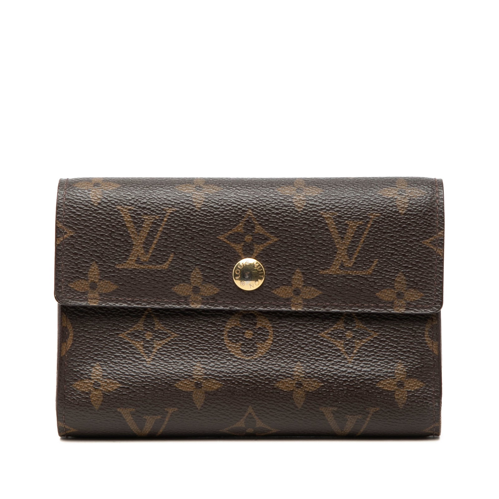 Brown Monogram Alexandra Wallet by Louis Vuitton with Flap Closure: Brown Monogram Alexandra Wallet by Louis Vuitton with Flap Closure The Alexandra wallet features a monogram canvas exterior with a flap and snap button closure. It offers interior zip and slip pockets