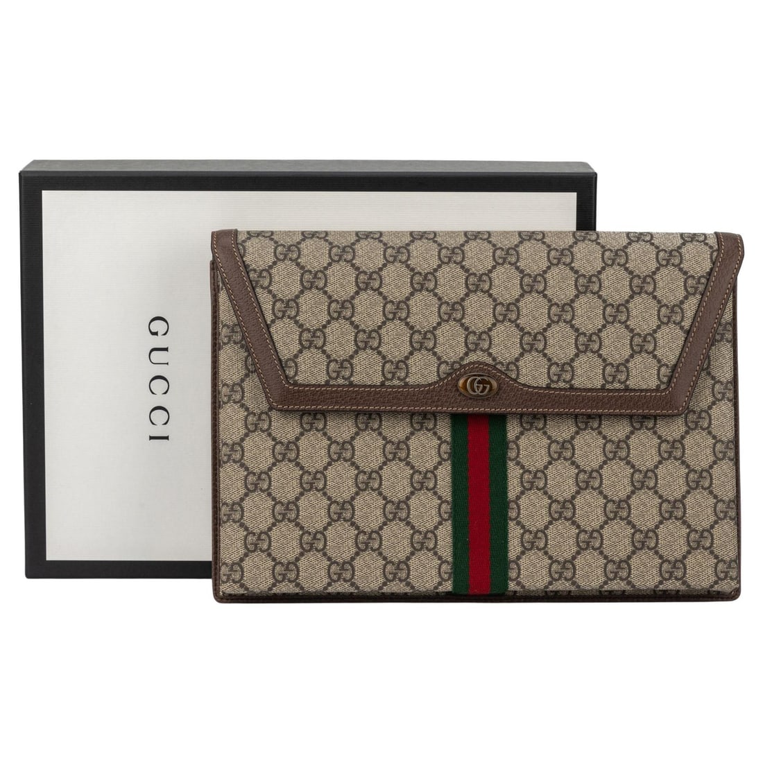 Gucci Brown Logo Clutch with Dustcover and Box: Gucci Brown Logo Clutch with Dustcover and Box Elevate your style with this elegant Gucci clutch, featuring a new brown logo design complemented by luxurious brown leather trimming. The signature stri